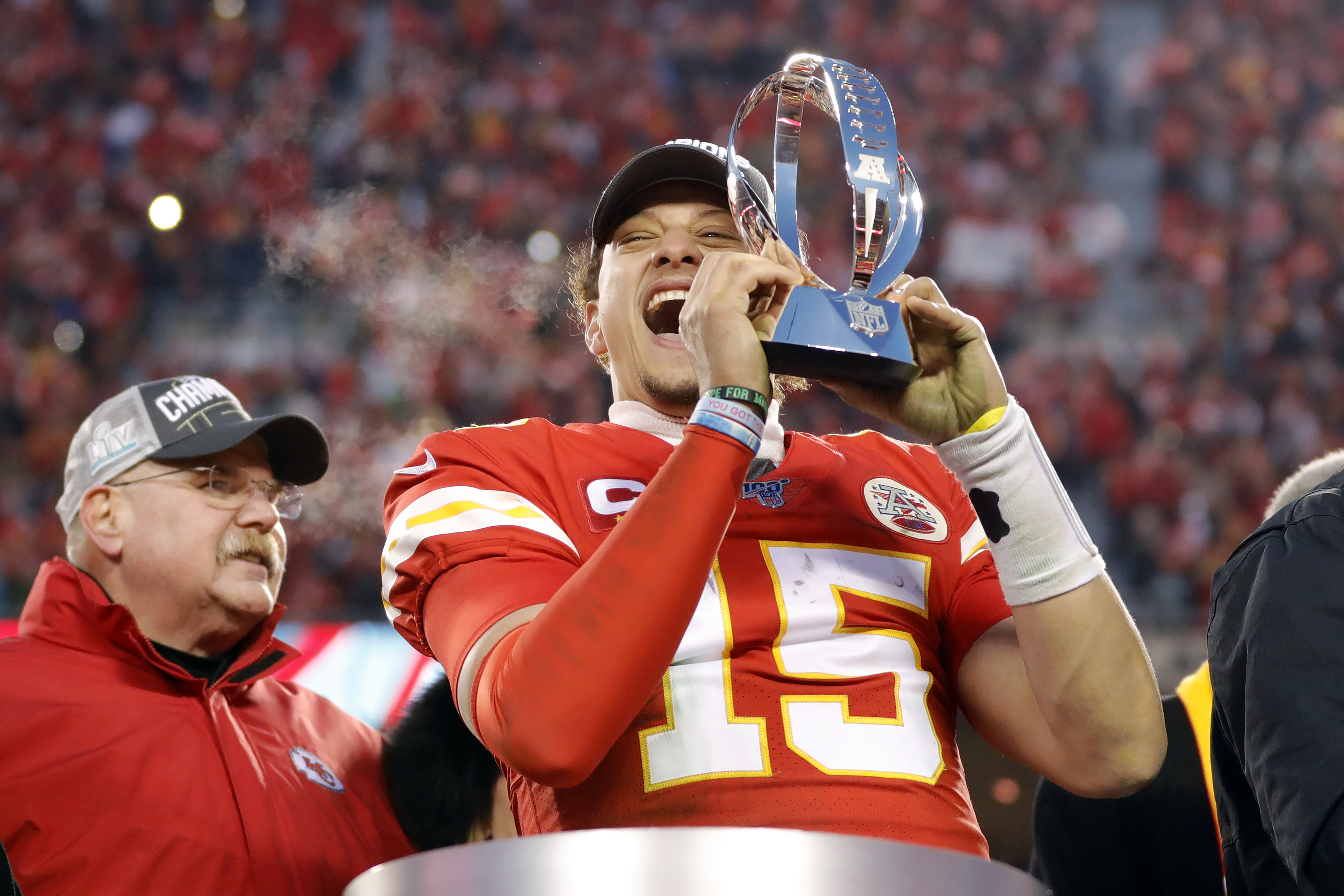 Kansas City Chiefs' Patrick Mahomes celebrates with the Lamar Hunt Trophy  after the NFL AFC Championship football game against the Tennessee Titans  Sunday, Jan. 19, 2020, in Kansas City, MO. The Chiefs