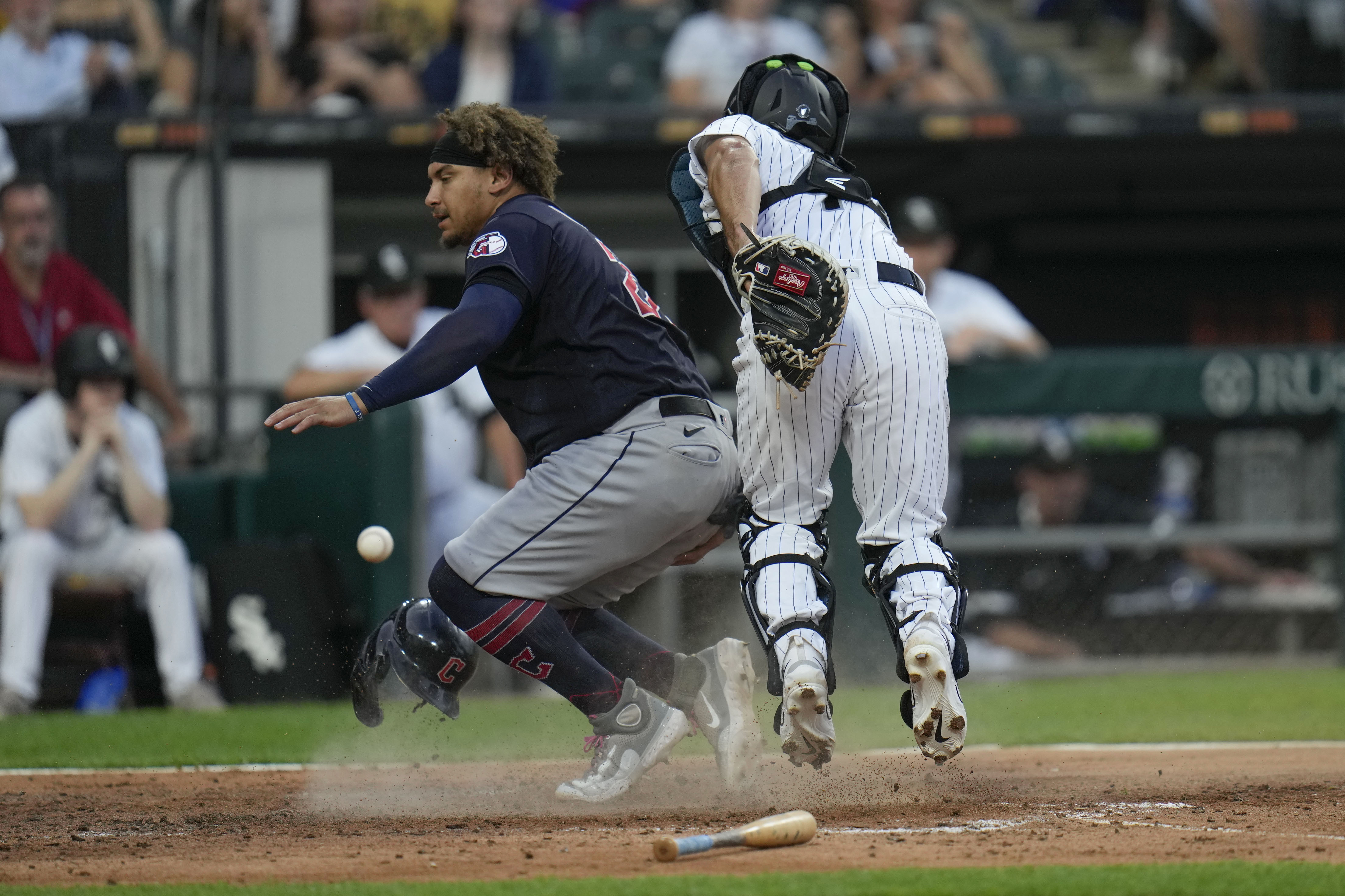 Cleveland, USA. 25th July, 2023. Cleveland Guardians catcher Bo Naylor (23)  hits a solo home run in the third inning during a MLB regular season game  between the Kansas City Royals and