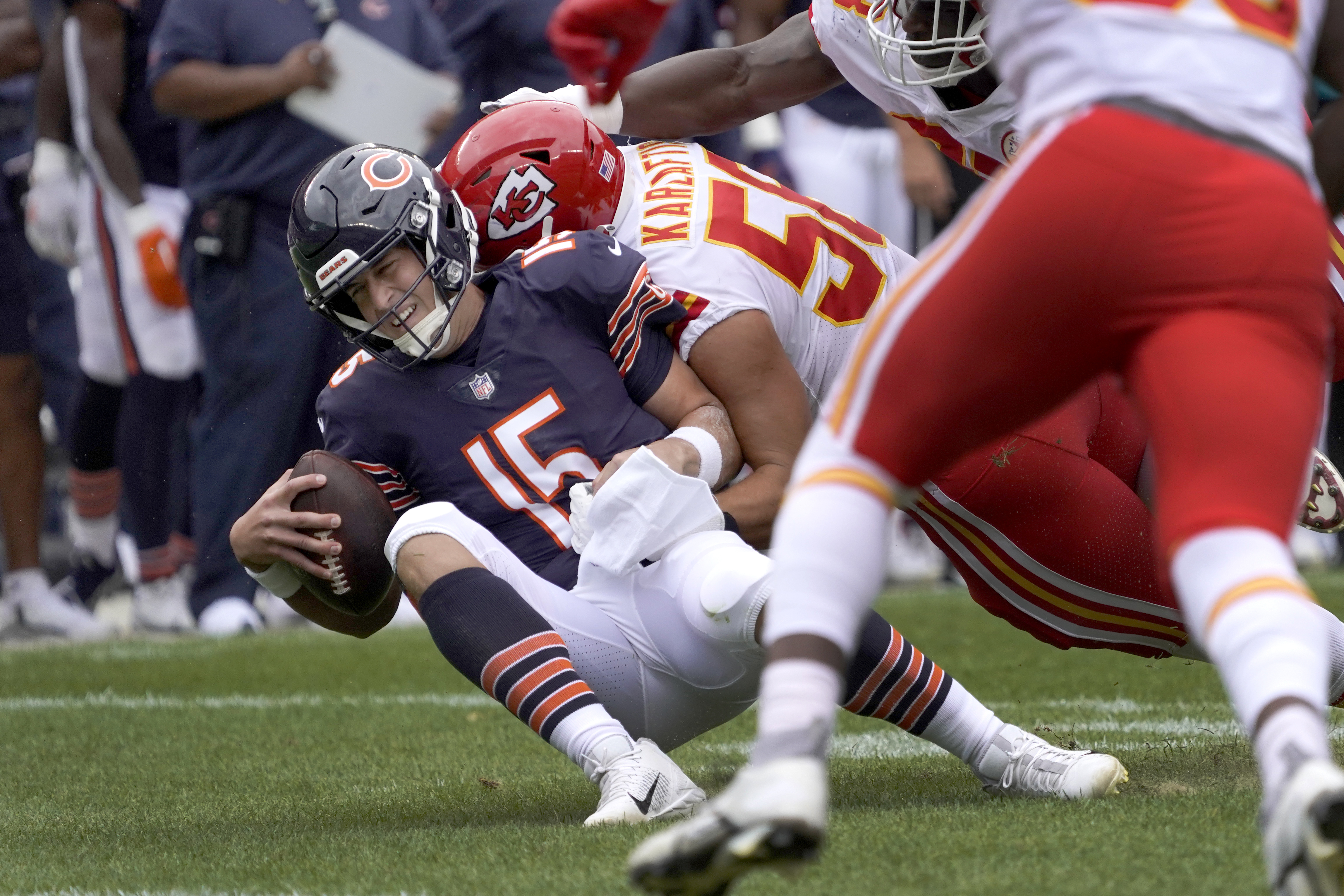 Kansas City Chiefs linebacker Jermaine Carter (53) runs on the field during  the first half of a preseason NFL football game against the Chicago Bears,  Saturday, Aug. 13, 2022, in Chicago. (AP