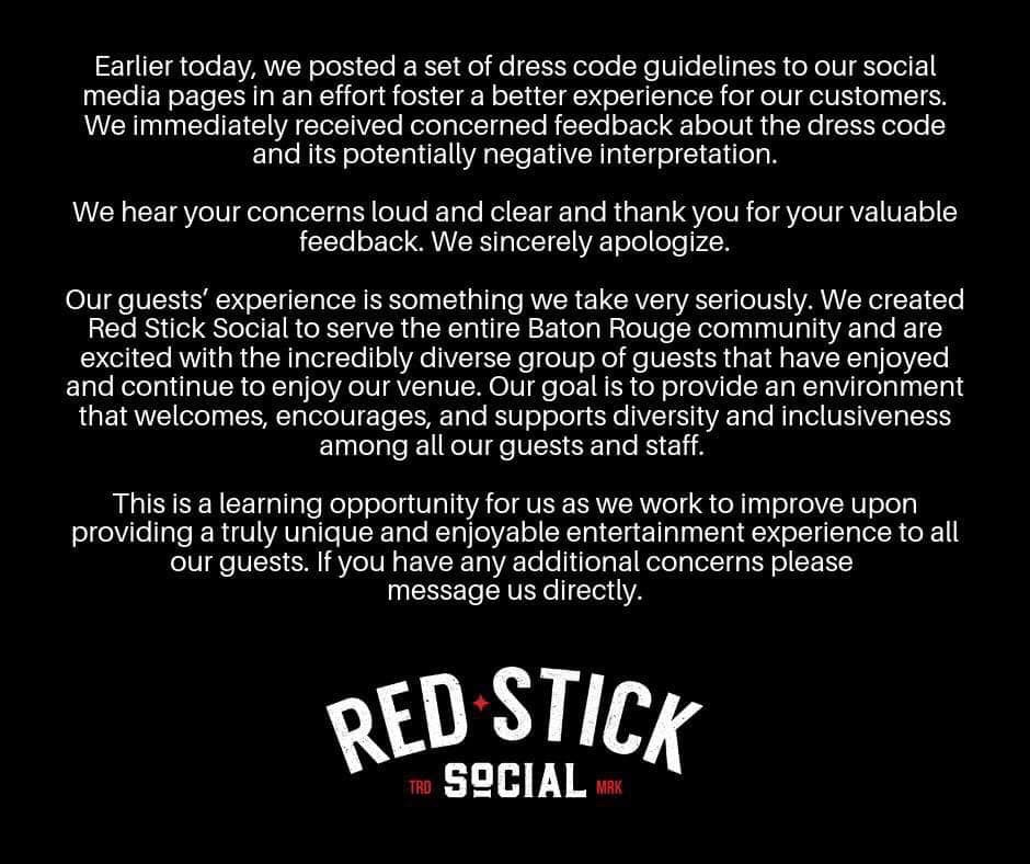 Backlash from ambiguous dress code prompts apology from Red Stick Social