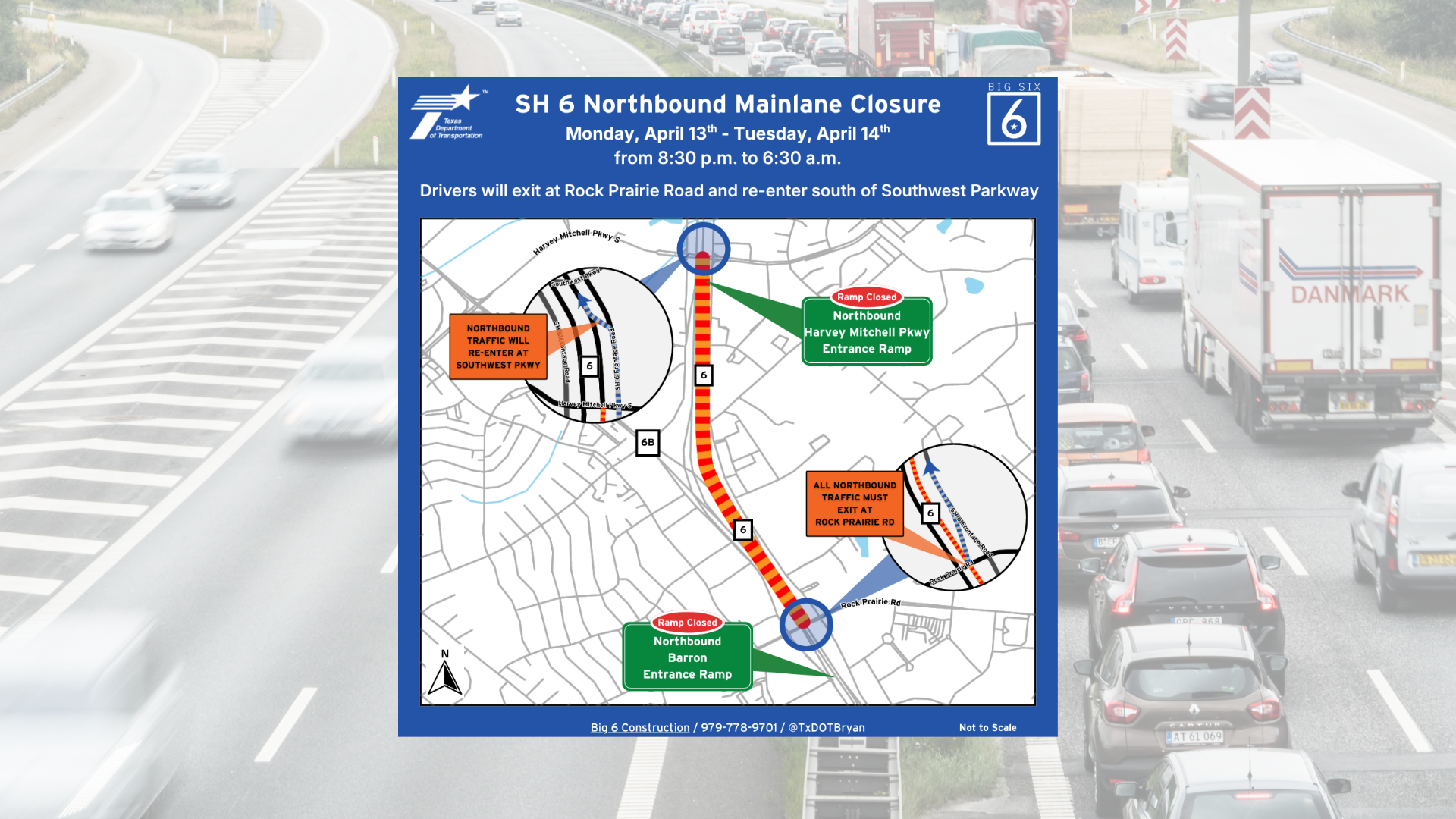 Full closure of northbound Highway 6 planned for Monday night