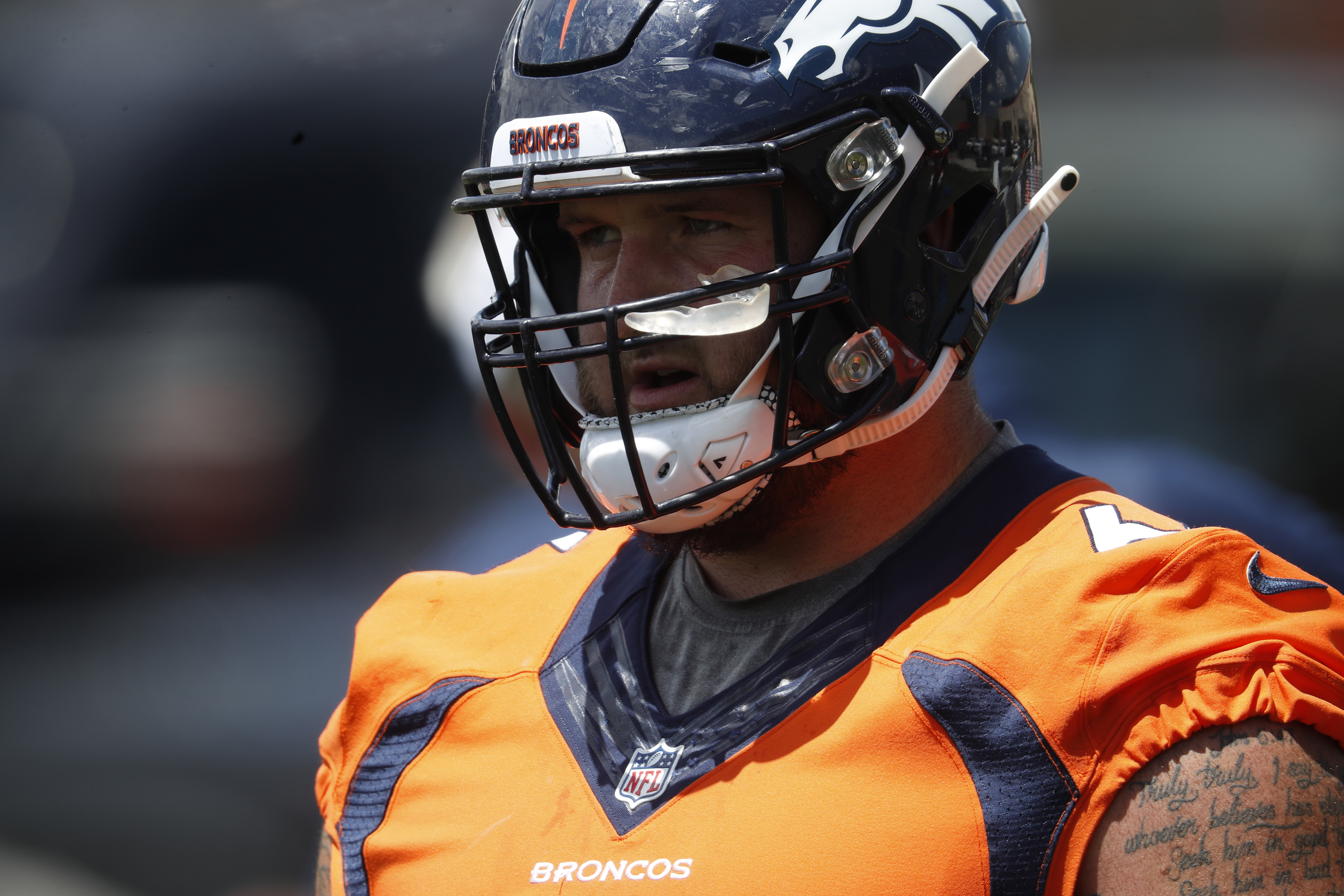 Denver Broncos guard Dalton Risner (66) on the field before the