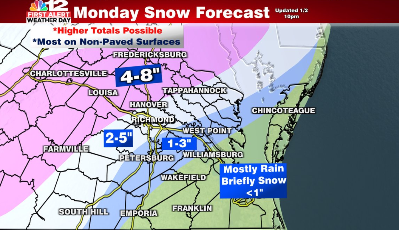 First Alert Weather Day For Snow Likely Across Central Virginia Early Monday Morning