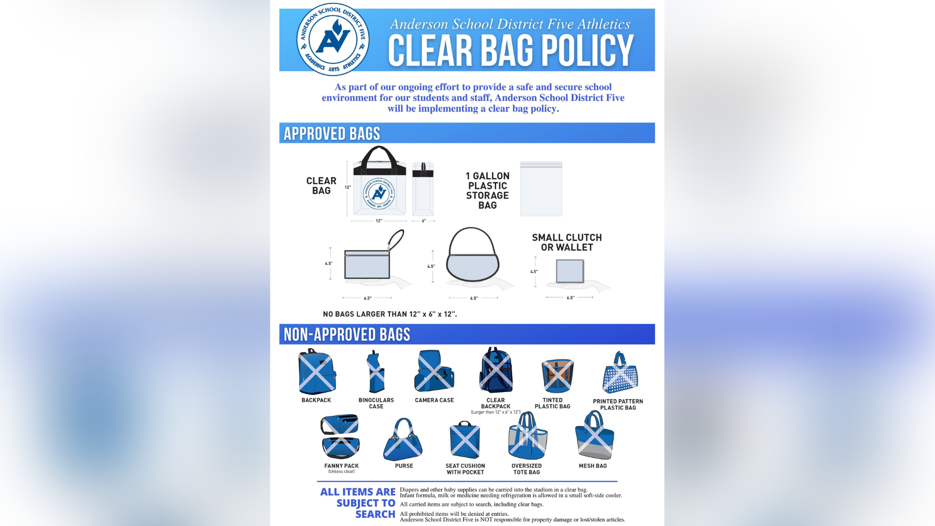 Anderson School District 5 implements clear bag policy for athletic events