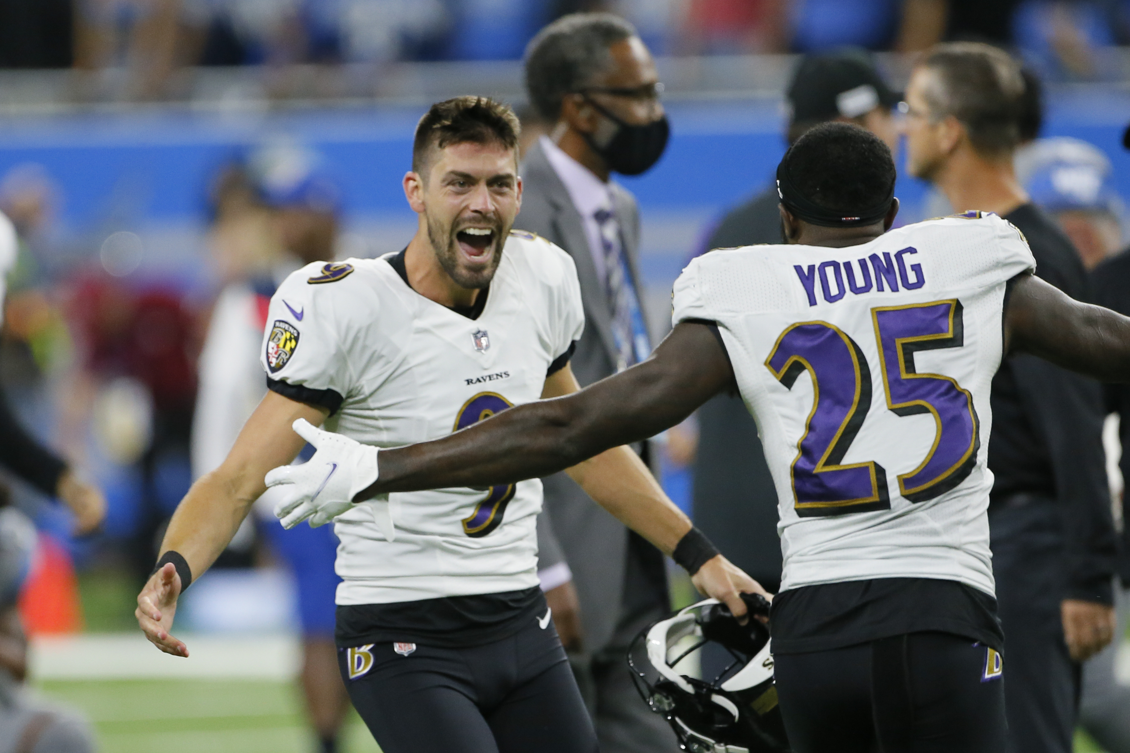 Baltimore Ravens kicker Justin Tucker (9) kicks a 66-yard field goal  against the Detroit Lions in the second half of an NFL football game  against the Detroit Lions in Detroit, Sunday, Sept.