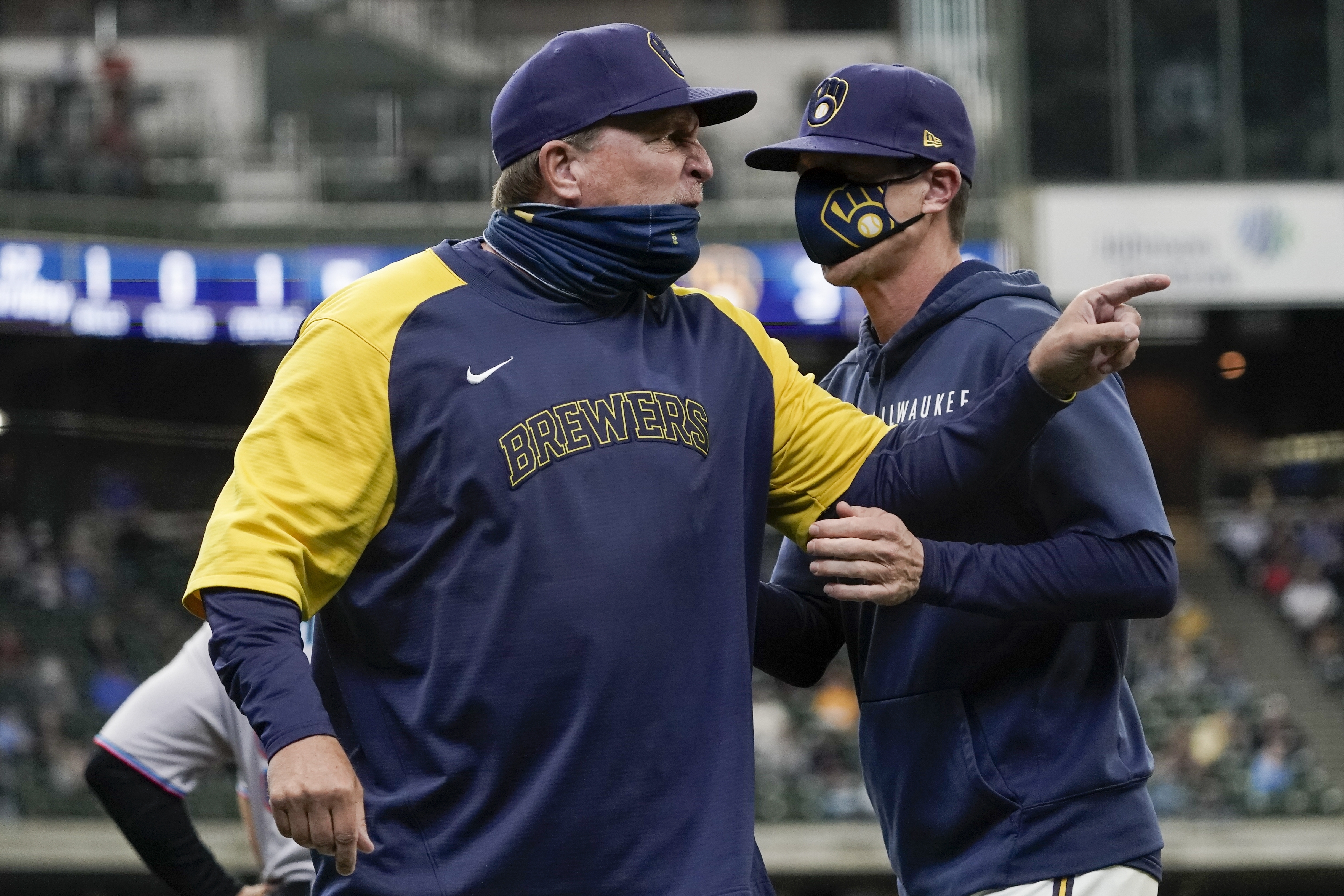 Craig Counsell of the Milwaukee Brewers shows the effects of hat