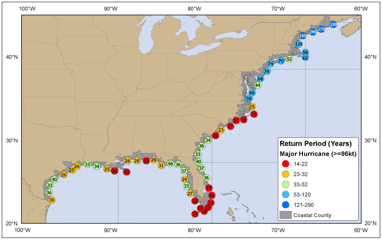Estimated return period in years for major hurricanes passing within 50 nautical miles of...