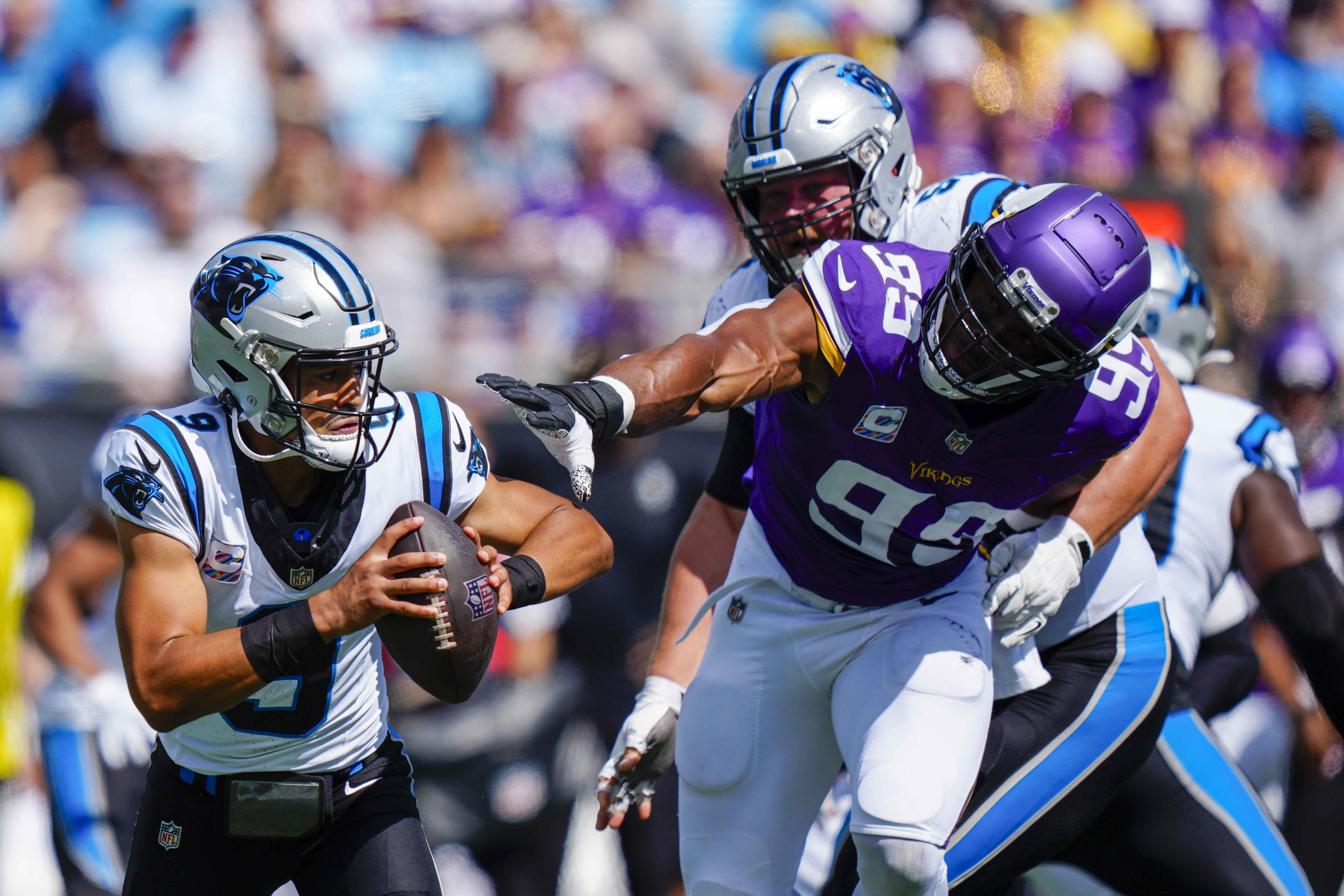 Carolina Panthers running back Christian McCaffrey warms up before an NFL  football game between the Carolina Panthers and the New England Patriots  Sunday, Nov. 7, 2021, in Charlotte, N.C. (AP Photo/Jacob Kupferman