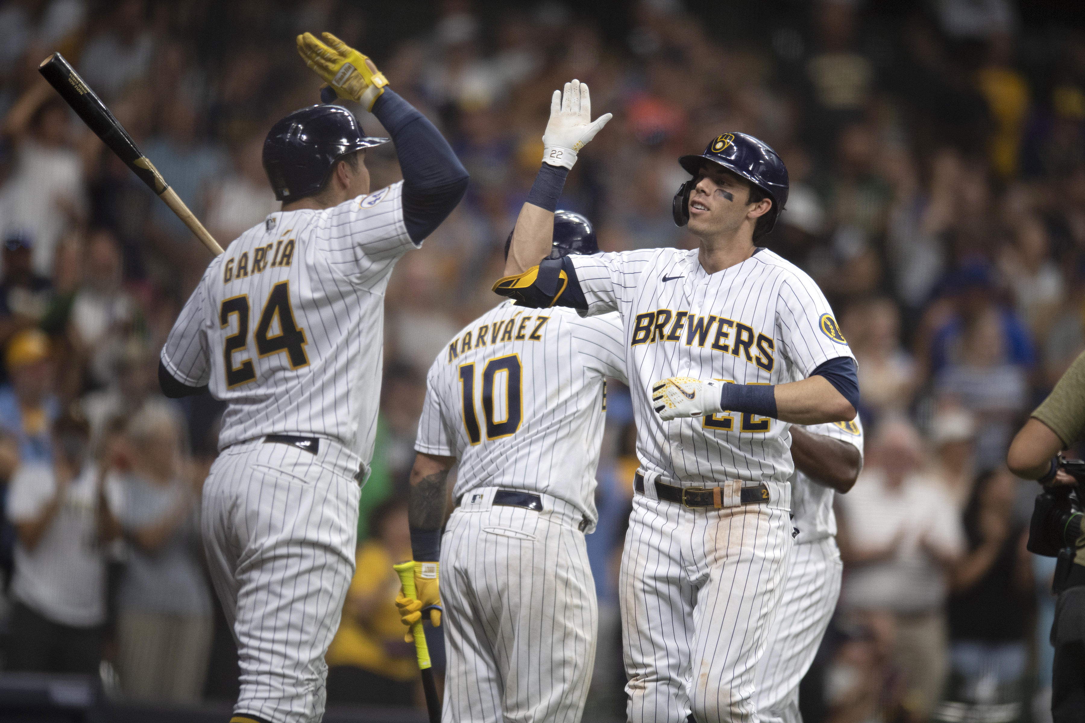 Milwaukee Brewers' Christian Yelich looks on during Jackie