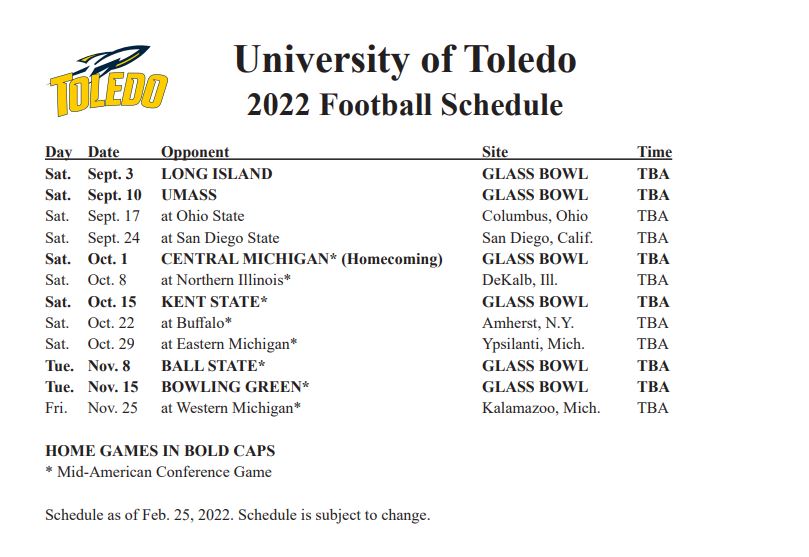 Toledo's 2022 Football Schedule Features Six Home Contests, Road Game at  Ohio State