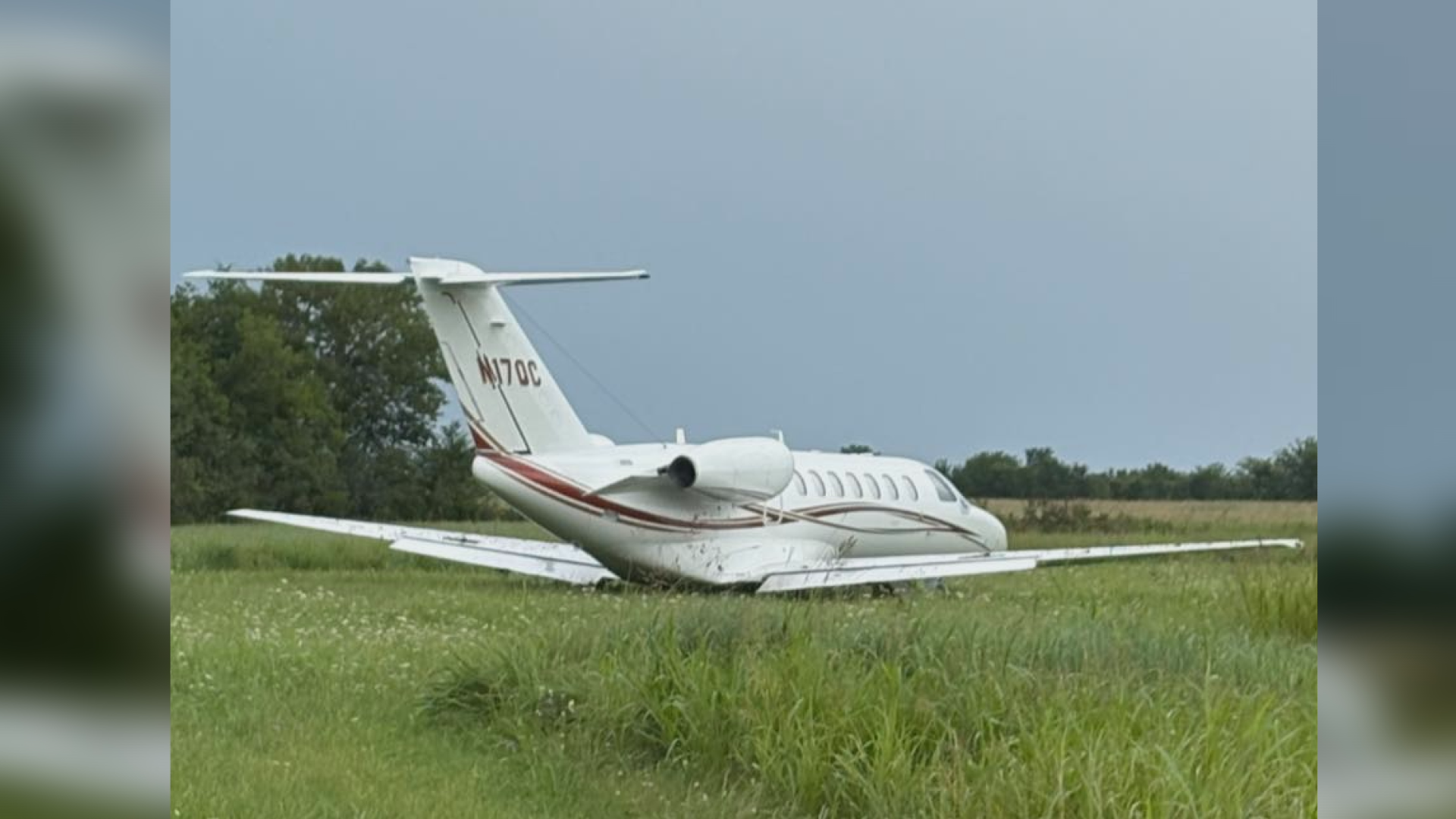 Jet loses control, skids into an open field at Hugo airport