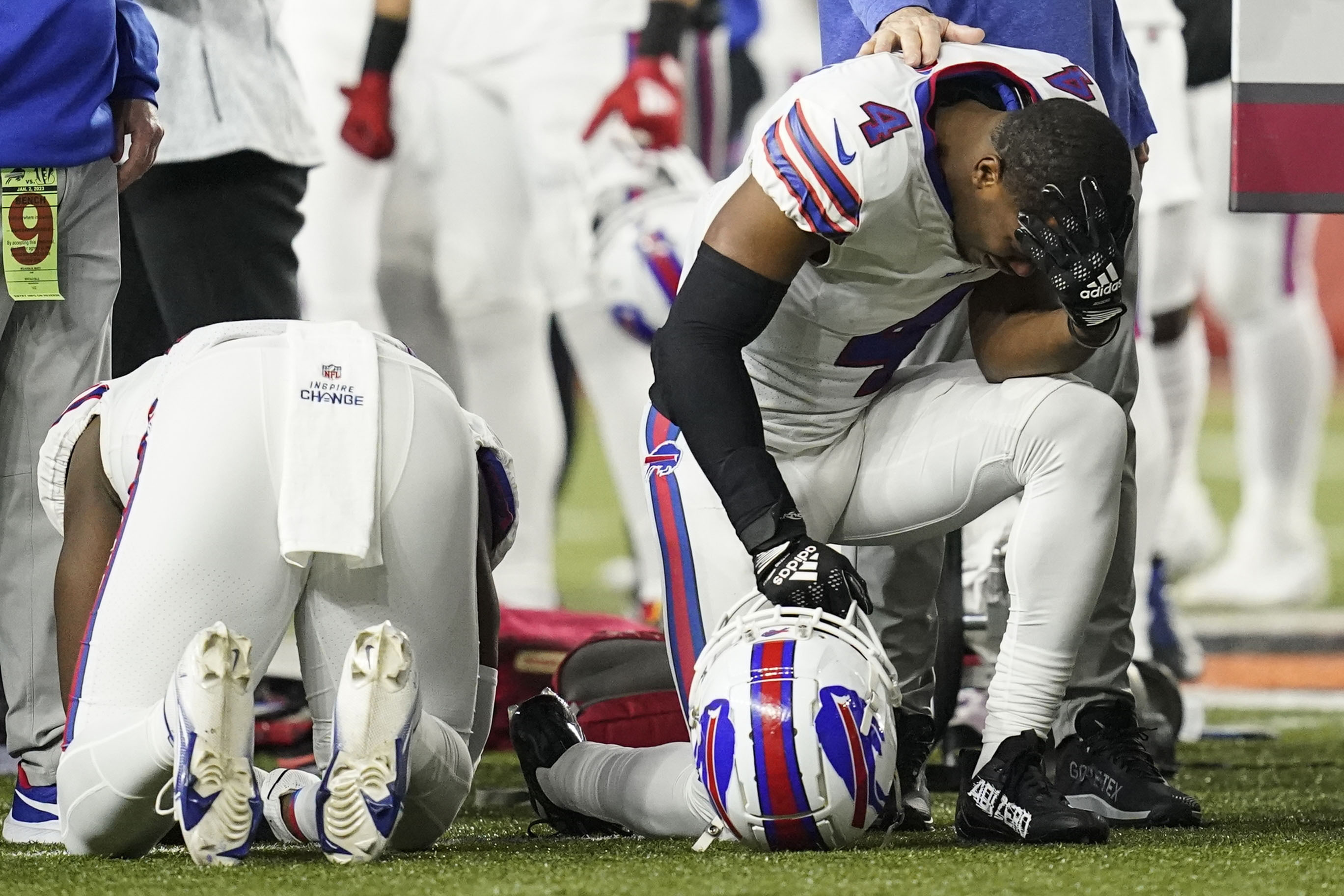 The scorevoard depicts a tribute to Damar Hamlin prior to the game News  Photo - Getty Images