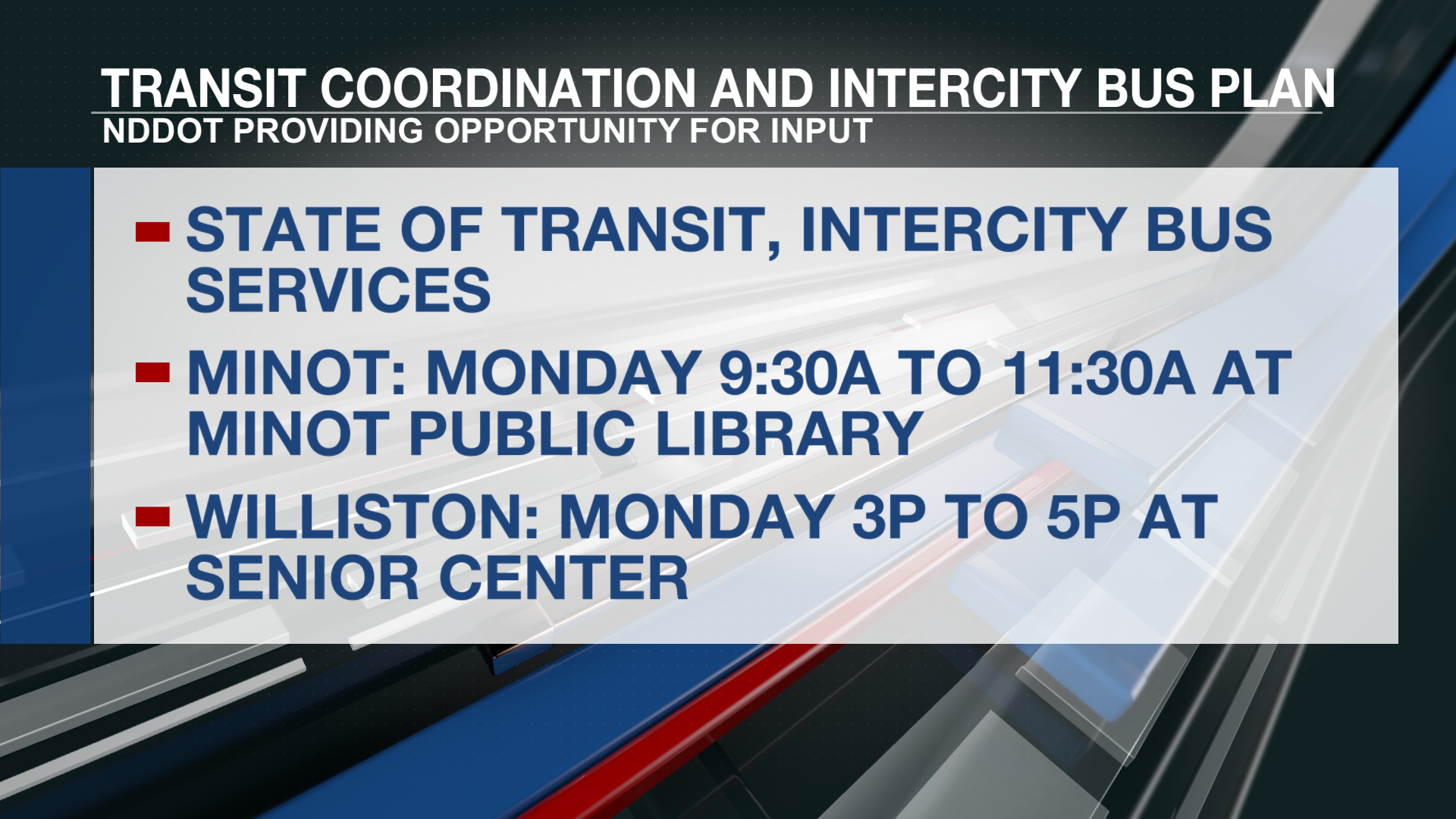 NDDOT to hold workshops on transit coordination, intercity bus plan