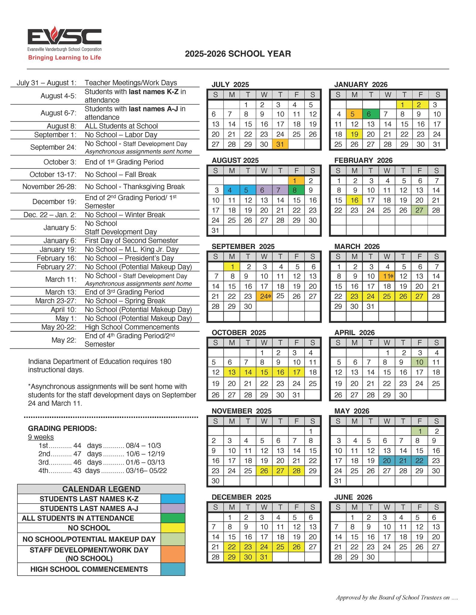 EVSC releases 2025-26 school calendar, key dates you need to know