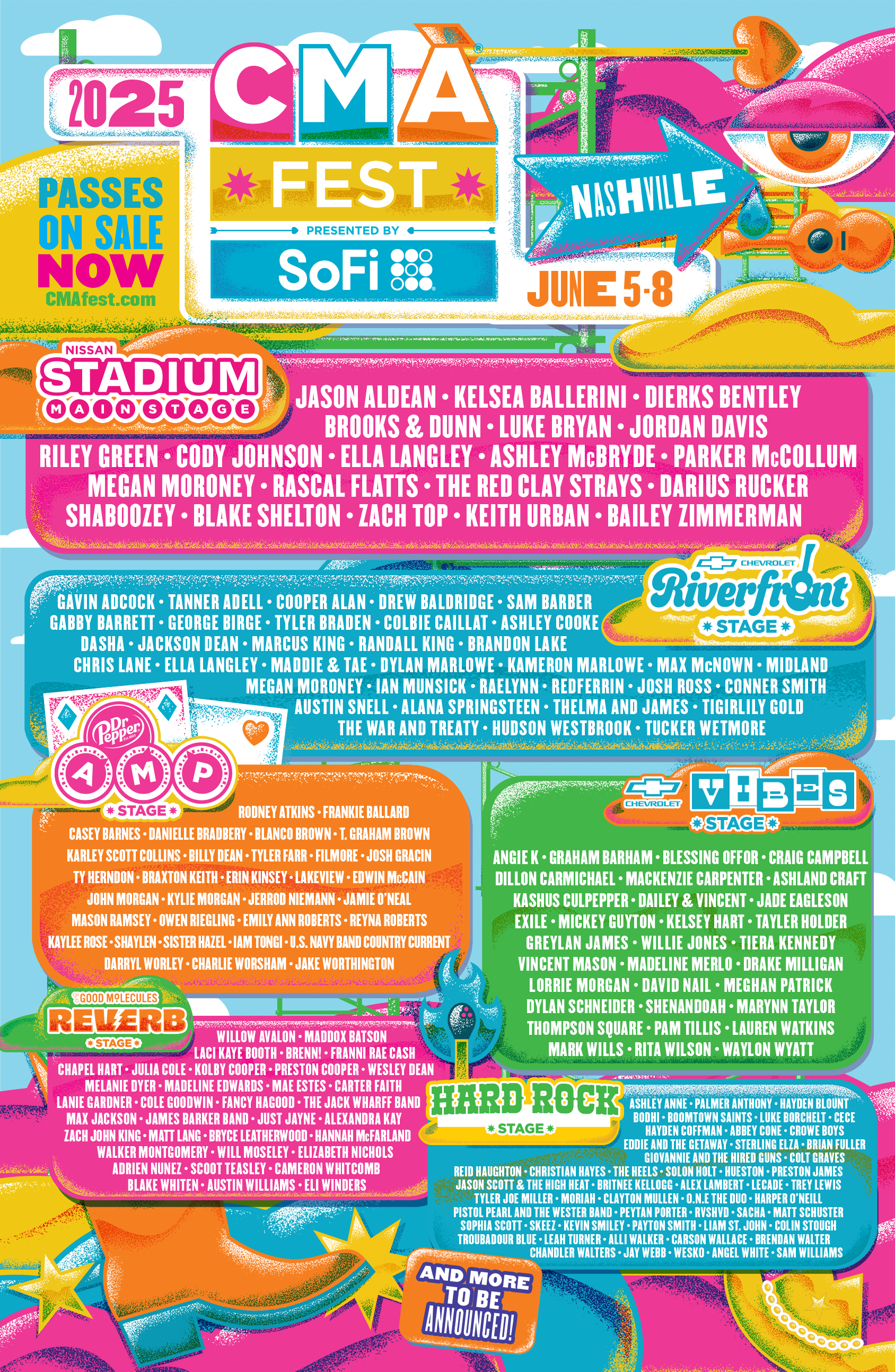 Colorful promotional poster for the 2025 CMA Fest in Nashville, featuring event dates, headlining artists, and multiple stages.