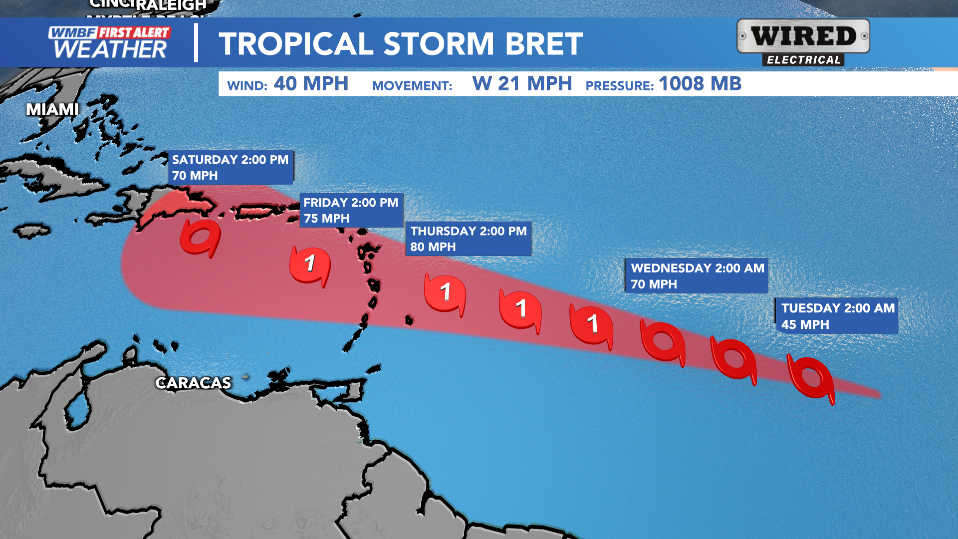 Tropical Storm Bret forms in the Atlantic Ocean