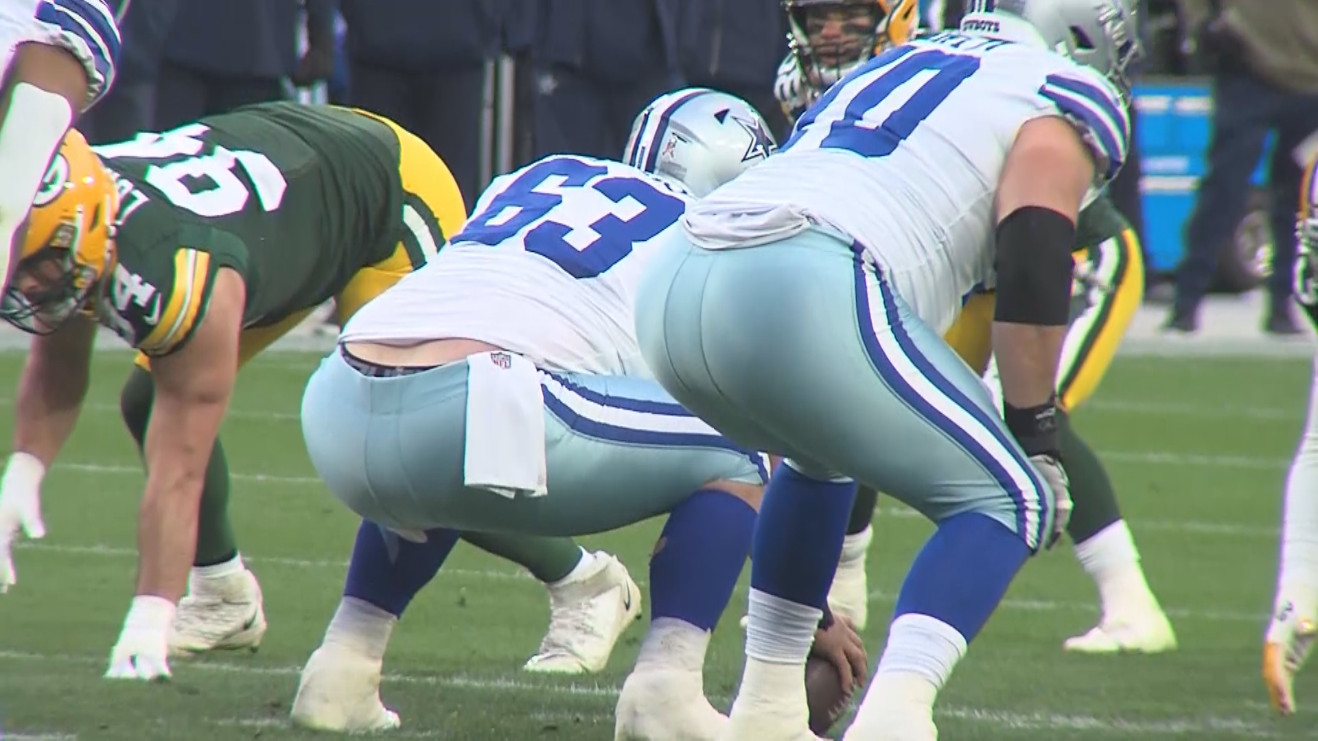 Dallas Cowboys center Tyler Biadasz (63) walks onto the field