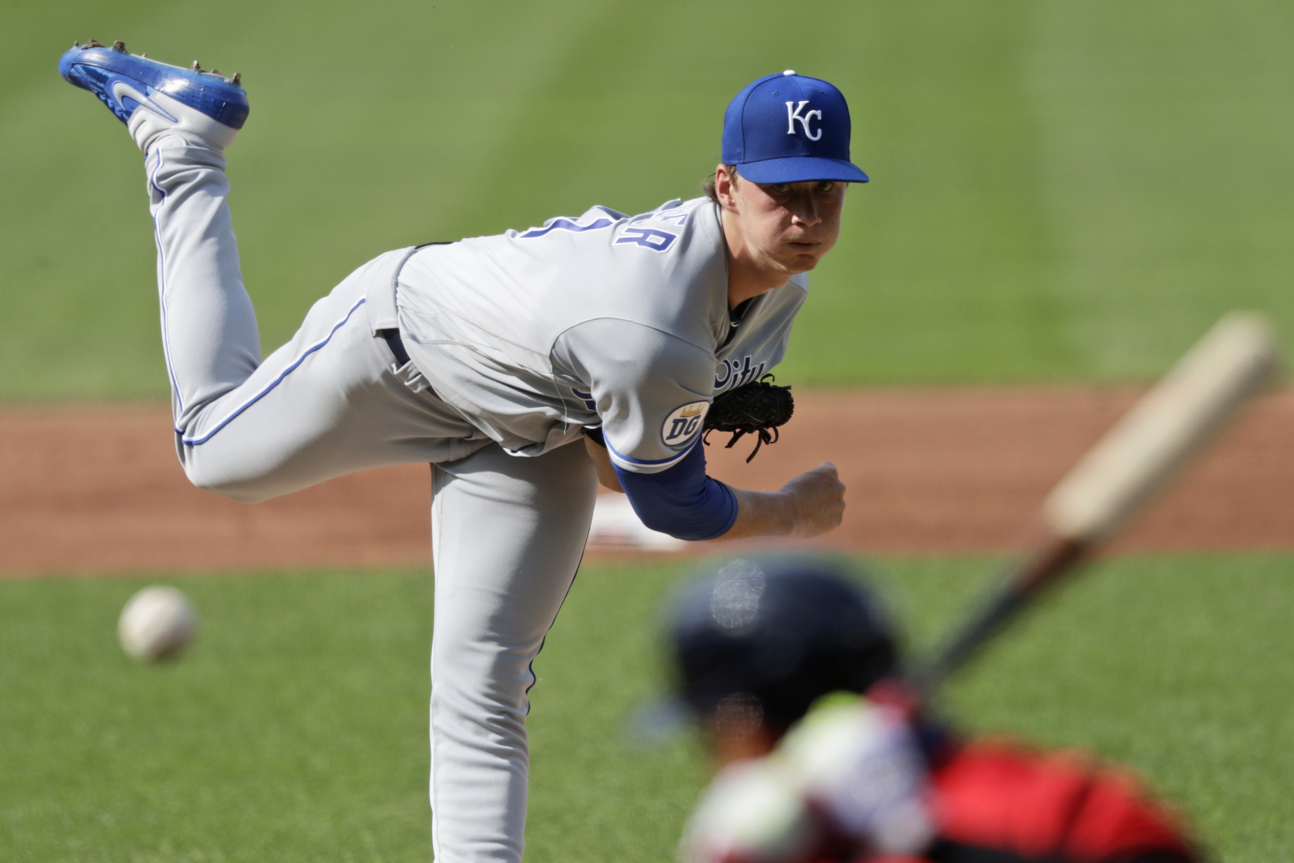 Kansas City Royals' Brady Singer delivers a pitch to a Boston Red