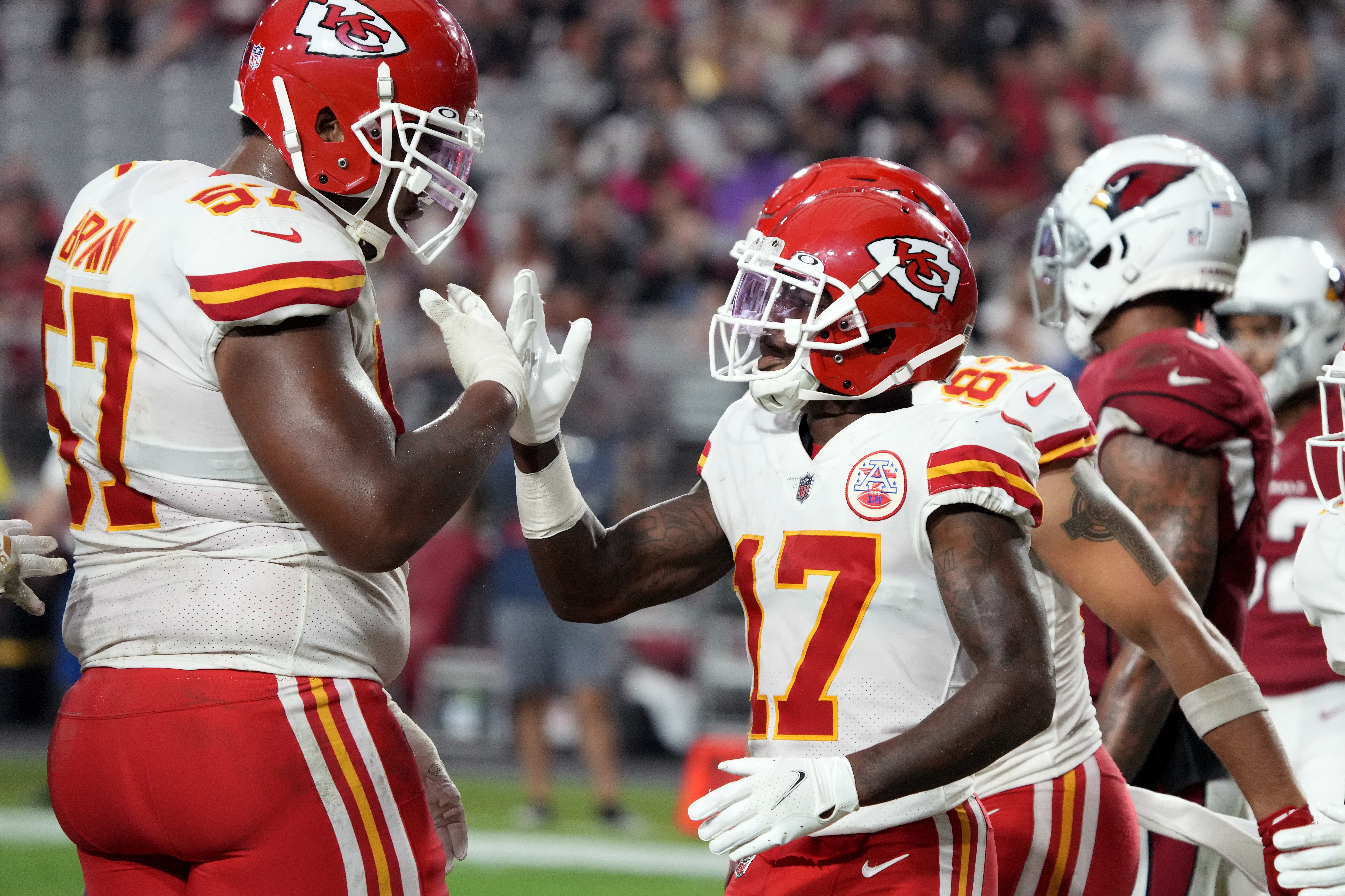 Kansas City Chiefs wide receiver Mecole Hardman (17) runs for a touchdown  during the second hal …