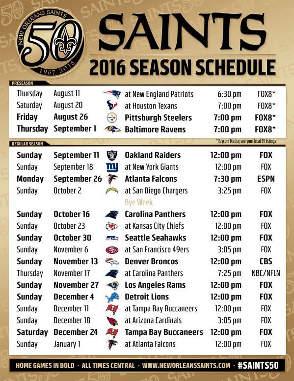 Saints 2016 Schedule Released: Featuring Falcons and Panthers Games in  Primetime - Canal Street Chronicles