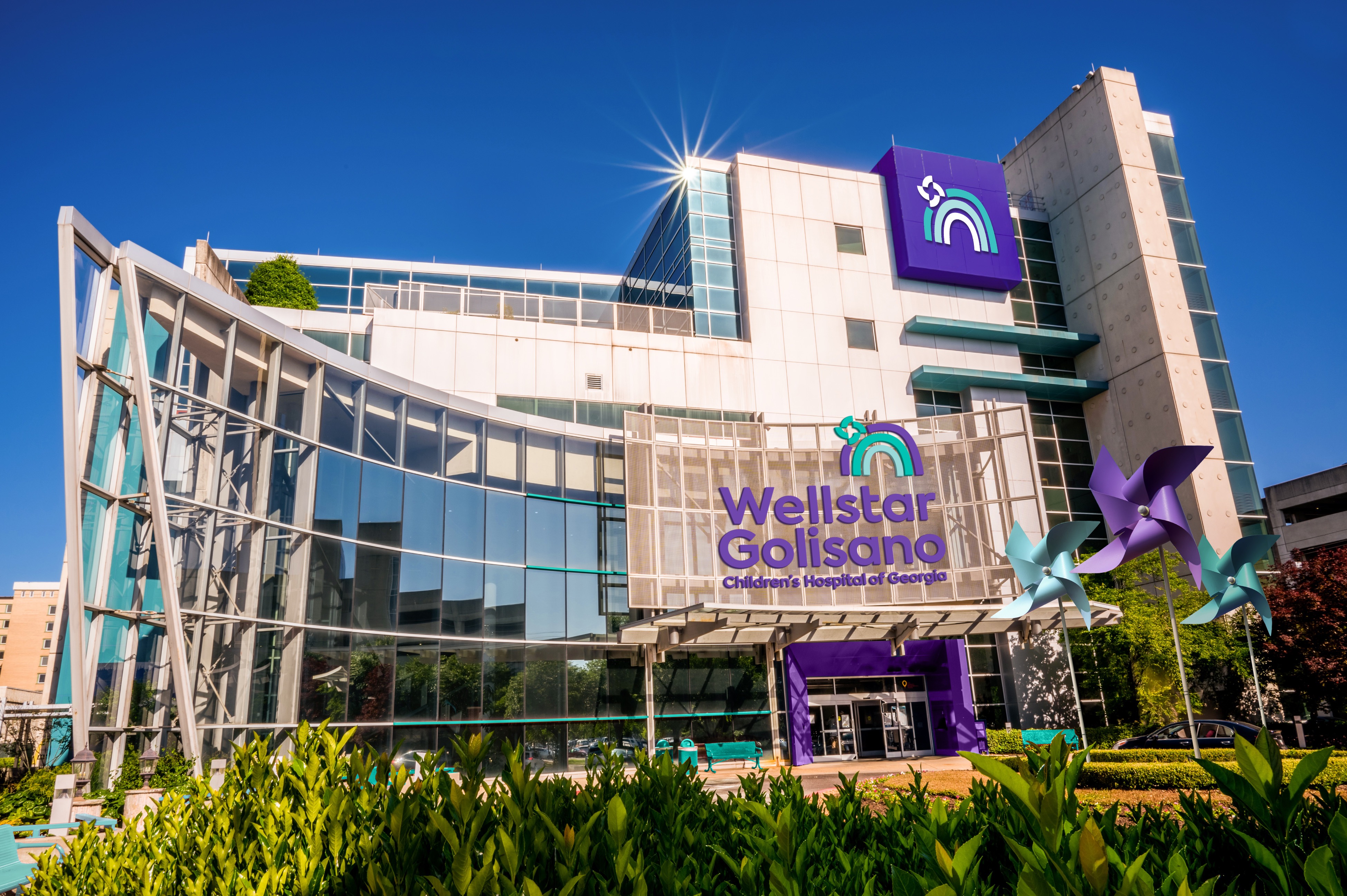 Photograph of the Wellstar Golisano Children's Hospital of Georgia exterior and branded entrance in Augusta