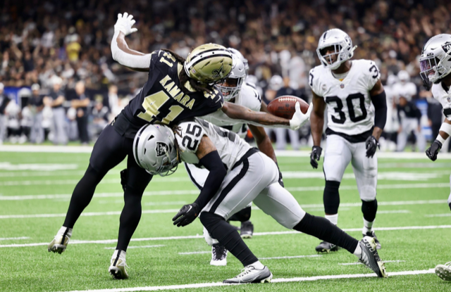 Las Vegas Raiders linebacker Divine Deablo (5) during an NFL football game  against the New Orleans Saints, Sunday, Oct. 30, 2022, in New Orleans. (AP  Photo/Tyler Kaufman Stock Photo - Alamy