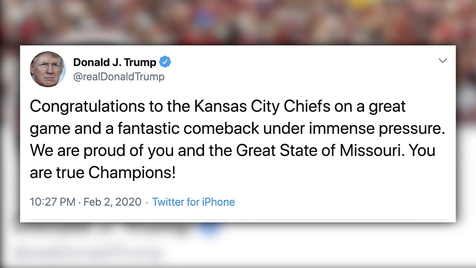 Trump tweet congratulates Kansas after Chiefs Super Bowl win