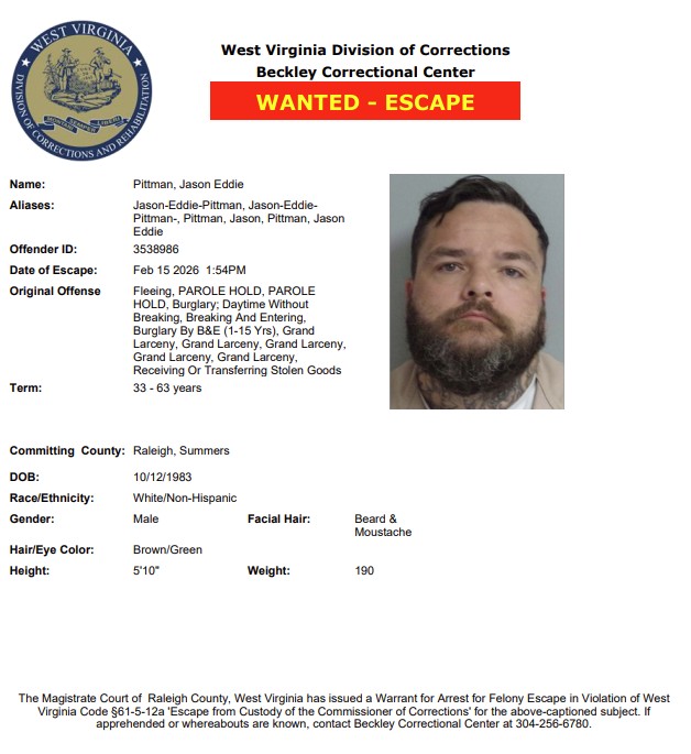Work release inmate escapes from Beckley Correctional Center