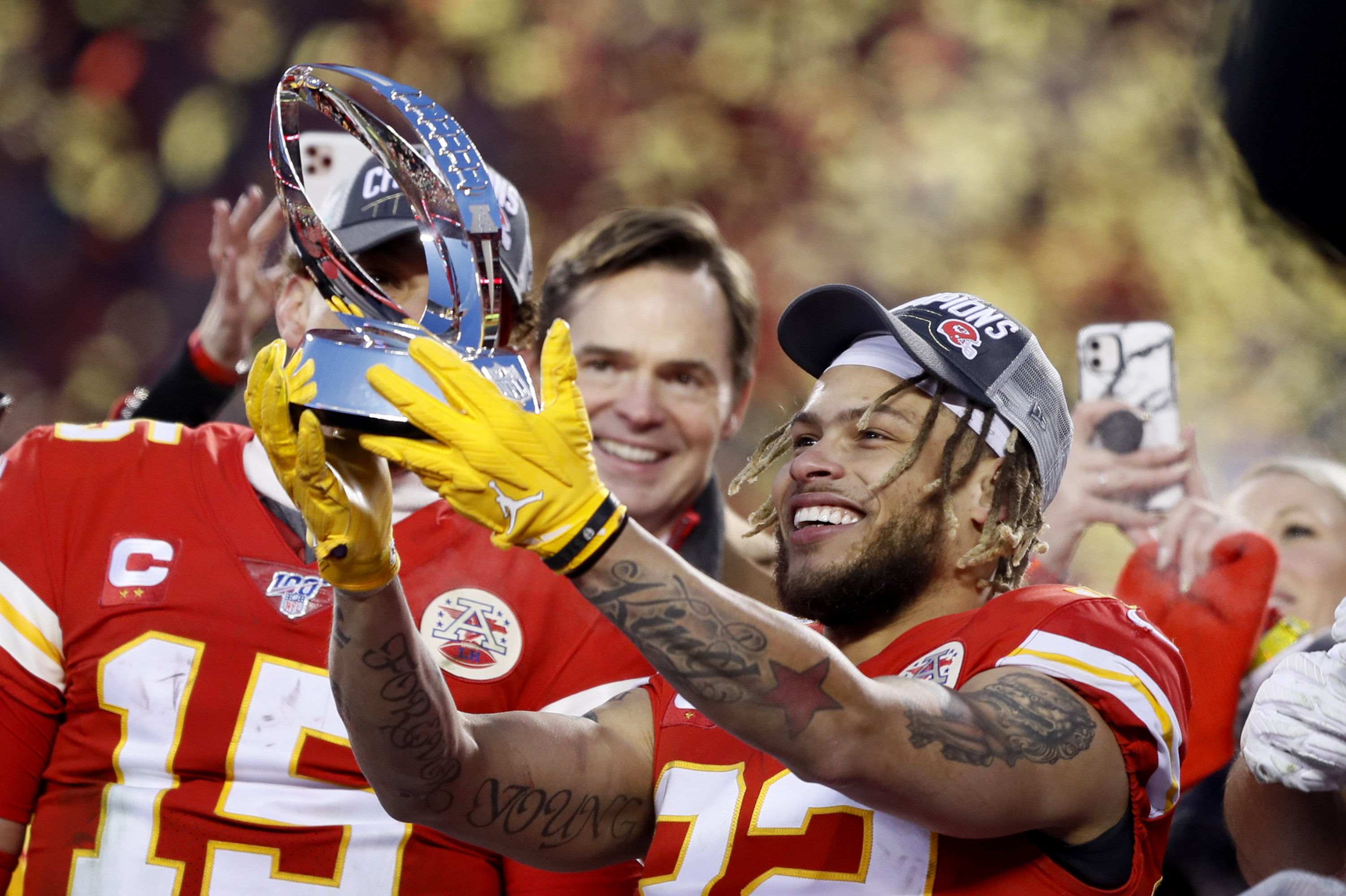 Kansas City Chiefs strong safety Tyrann Mathieu (32) runs off the field at  halftime of the NFL Super Bowl 54 football game between the San Francisco  49ers and Kansas City Chiefs Sunday