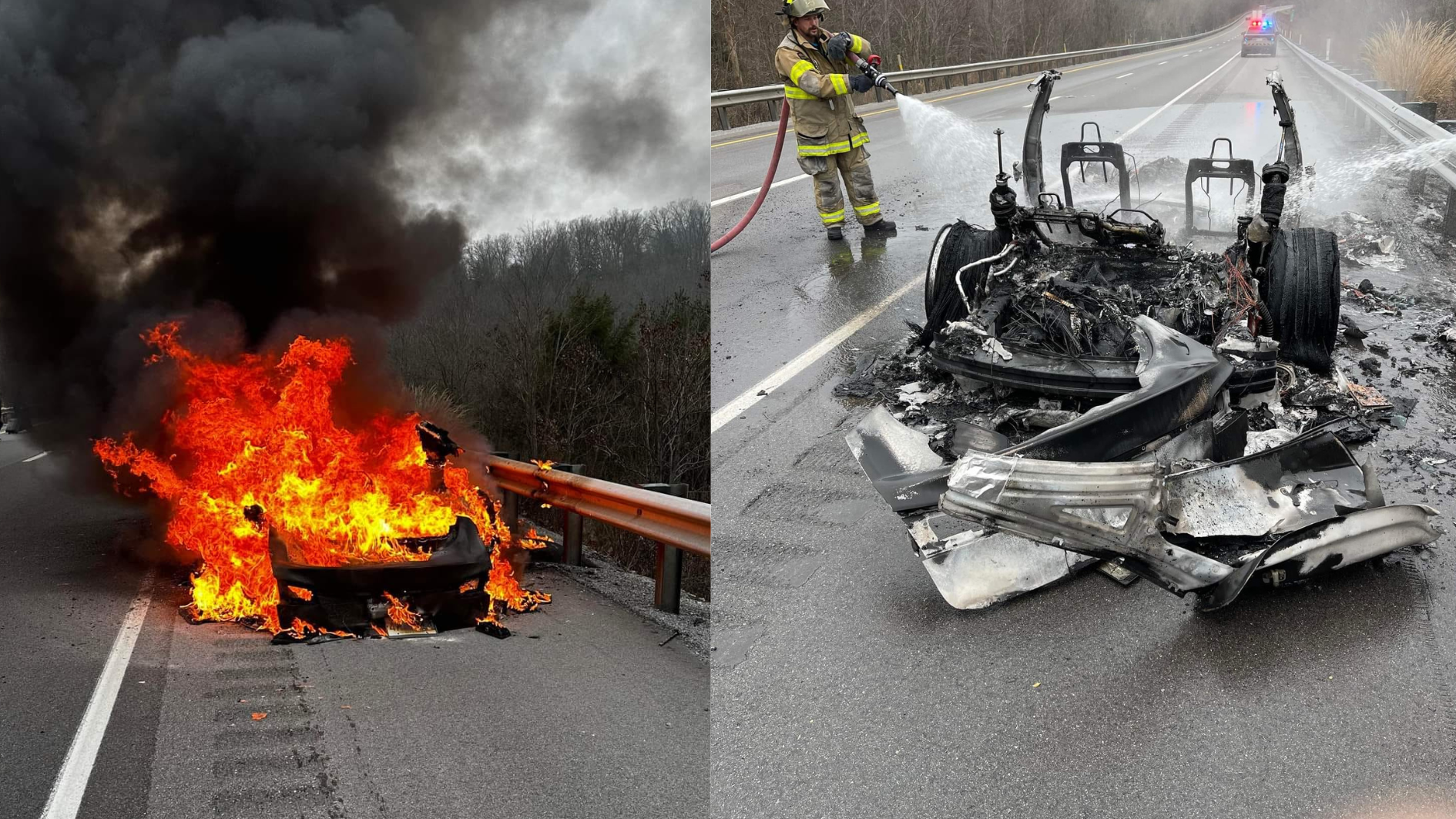Tesla disintegrates in fire along the interstate