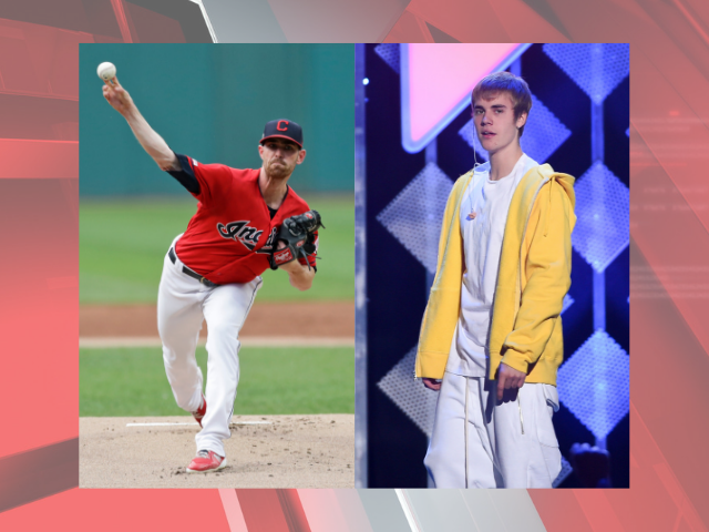 Justin Bieber wears Shane Bieber baseball jersey