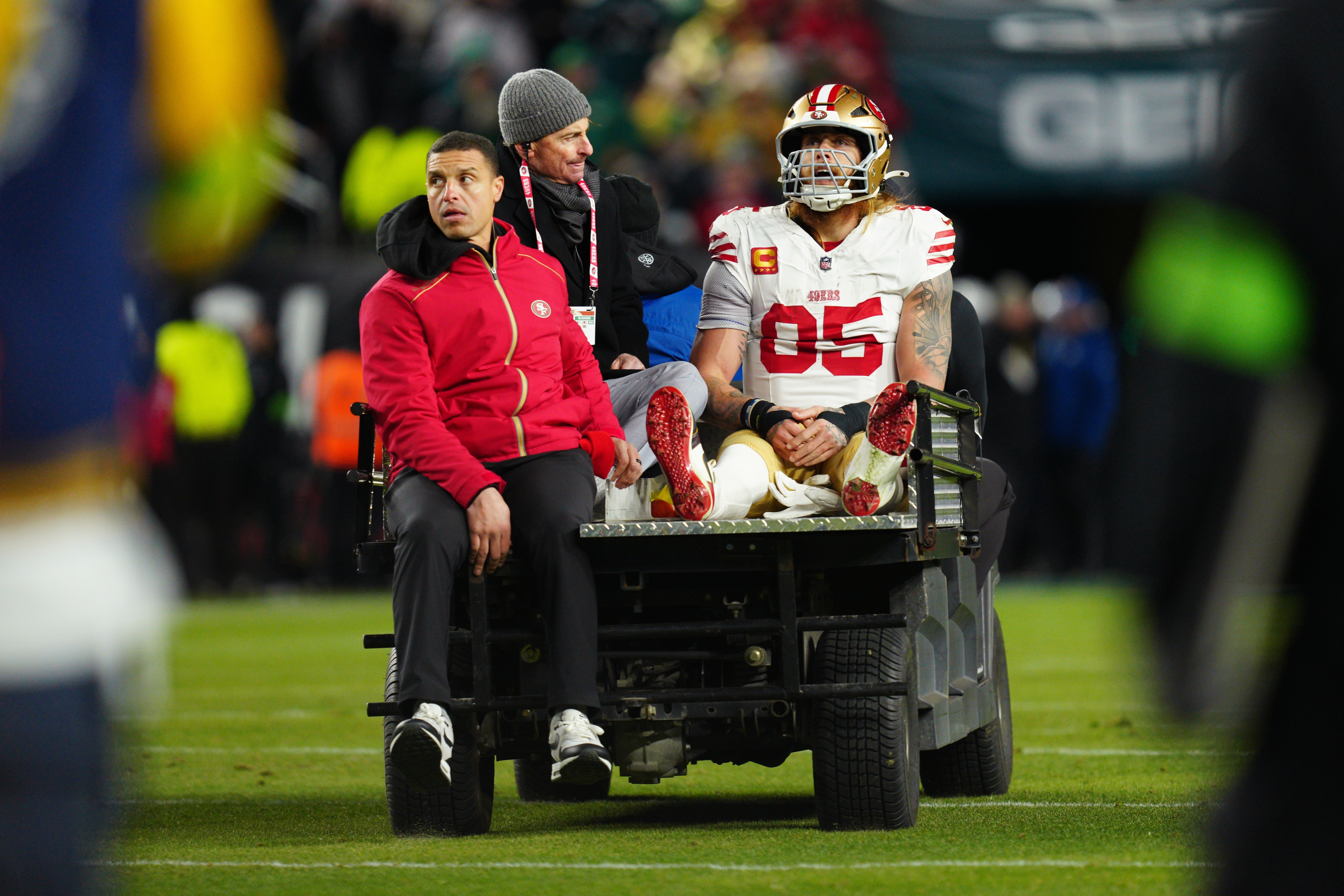 49ers' George Kittle carted off with right Achilles tendon injury in playoff game against Eagles