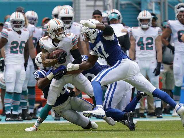 Miami Dolphins wide receiver William Fuller V (3) runs a route during an  NFL football game against the Indianapolis Colts, Sunday, Oct. 3, 2021, in  Miami Gardens, Fla. (AP Photo/Doug Murray Stock