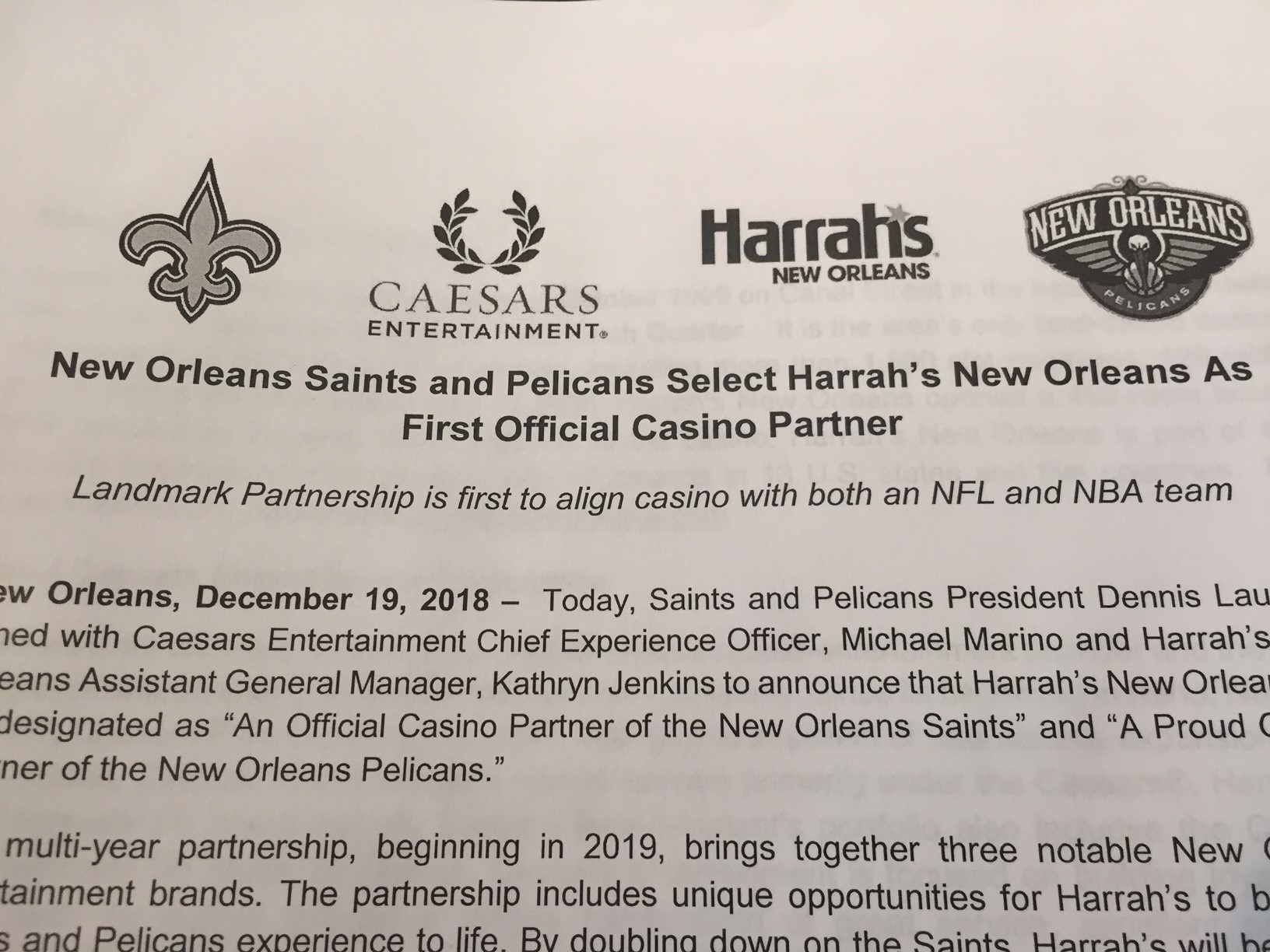 New Orleans Pelicans and Saints Select Harrah's New Orleans As