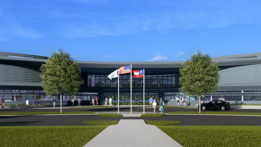 Official architectural rendering of the proposed new North Clayton High School main entrance, supplied by Clayton County Public Schools