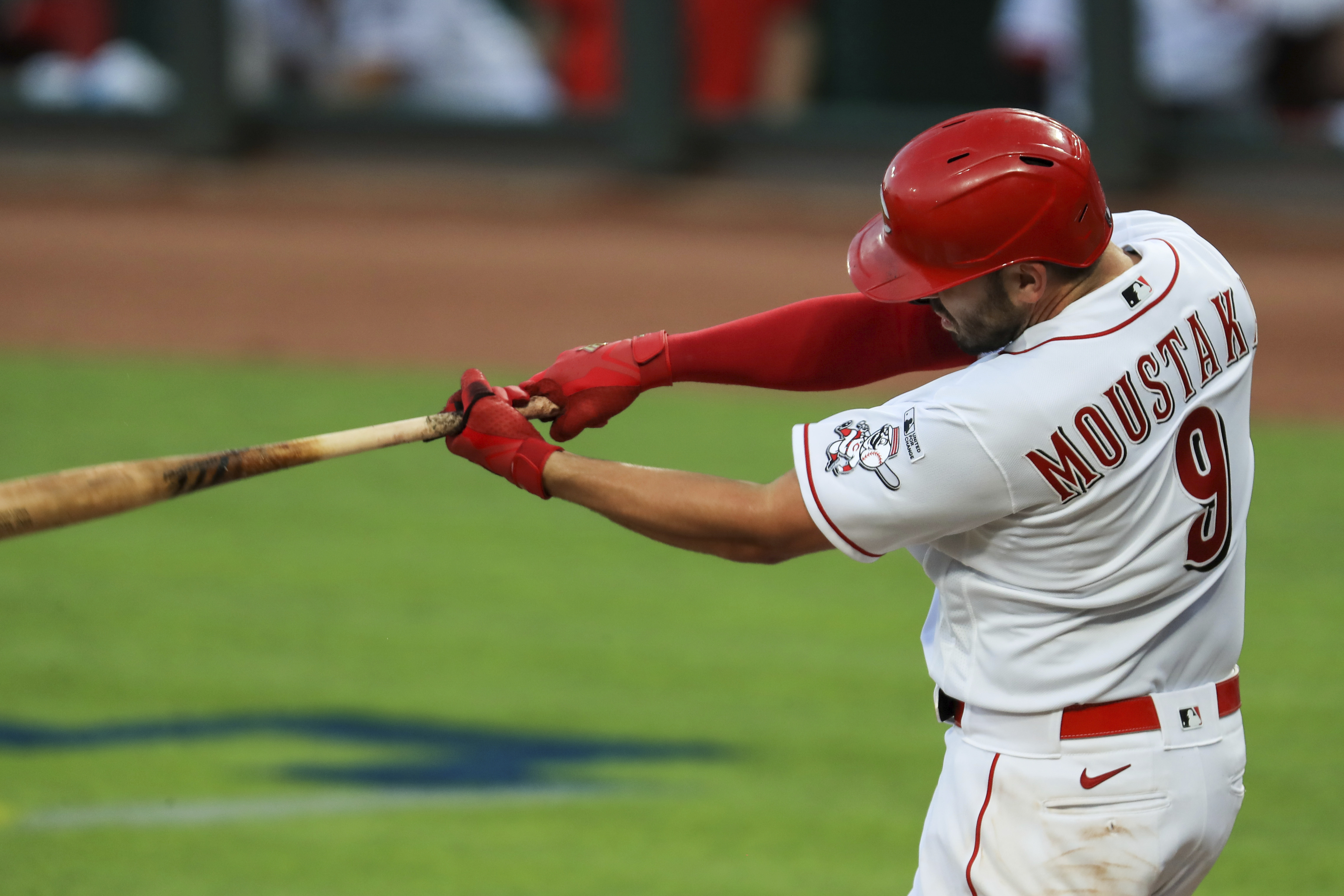 Cincinnati Reds' Mike Moustakas bats during a baseball game against the  Milwaukee Brewers in Cincinnati, Wednesday, May 11, 2022. The Reds won  14-11. (AP Photo/Aaron Doster Stock Photo - Alamy