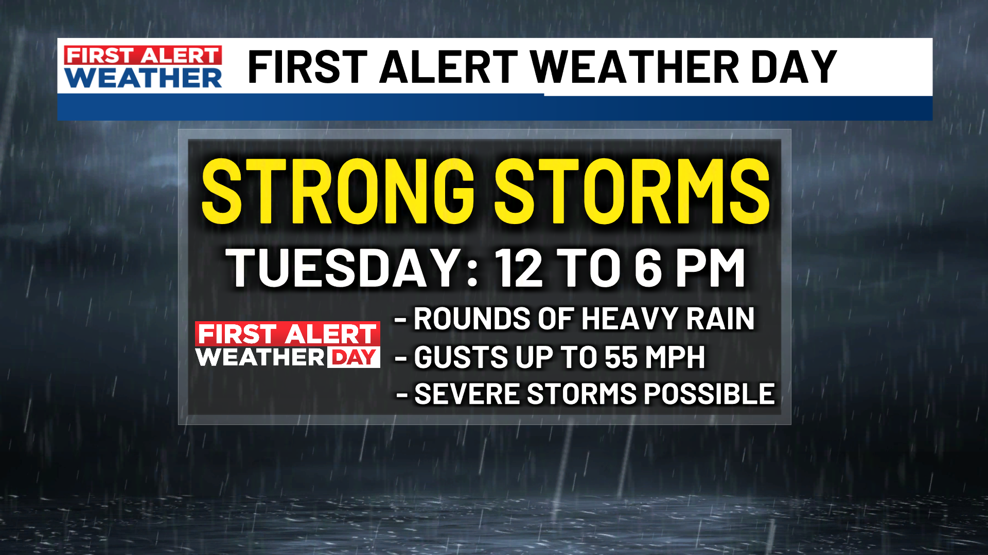 FIRST ALERT WEATHER DAY TUESDAY for heavy rain strong storms and