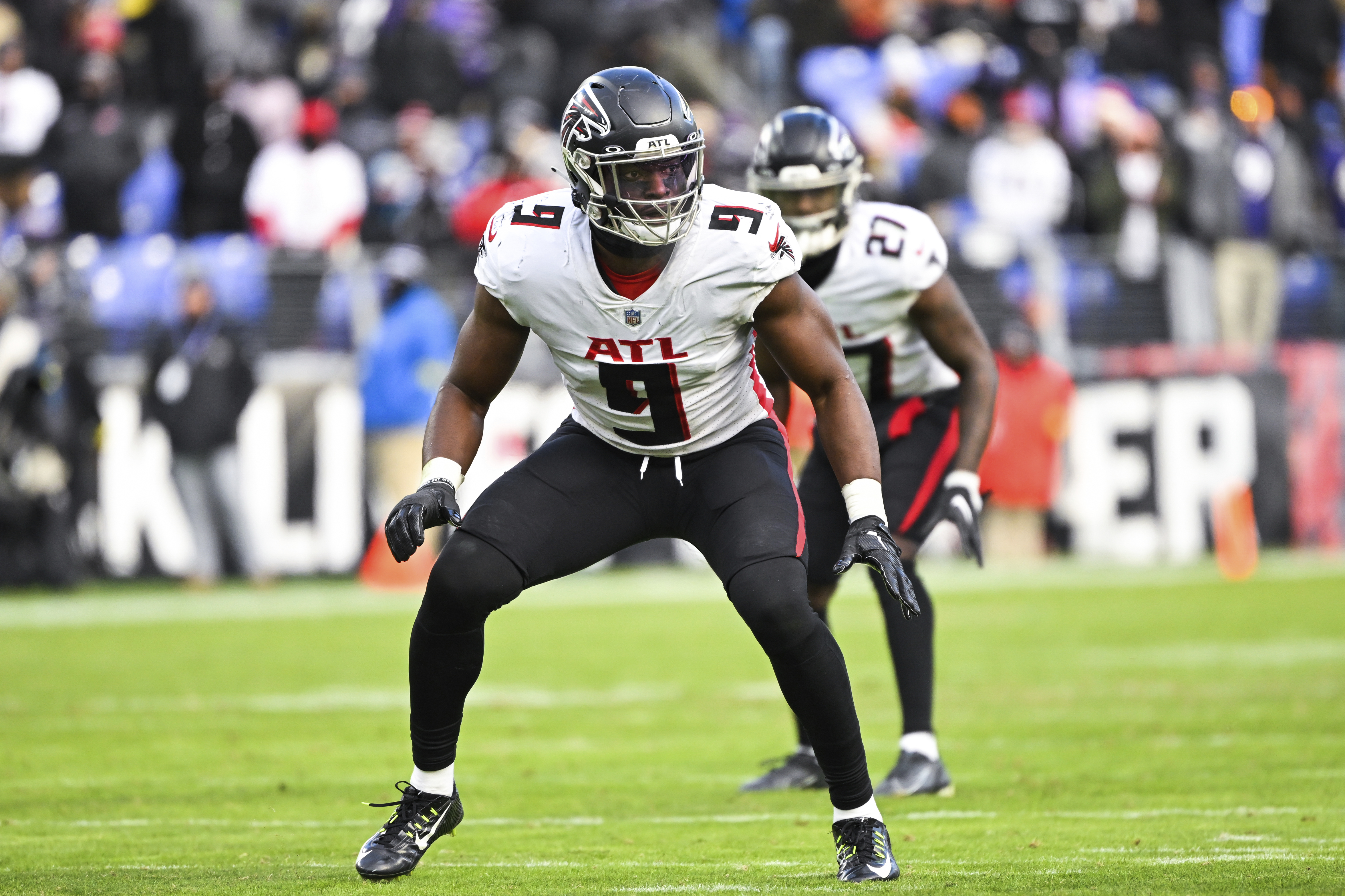 EAST RUTHERFORD, NJ - AUGUST 22: Atlanta Falcons linebacker Lorenzo Carter  (9) during the National