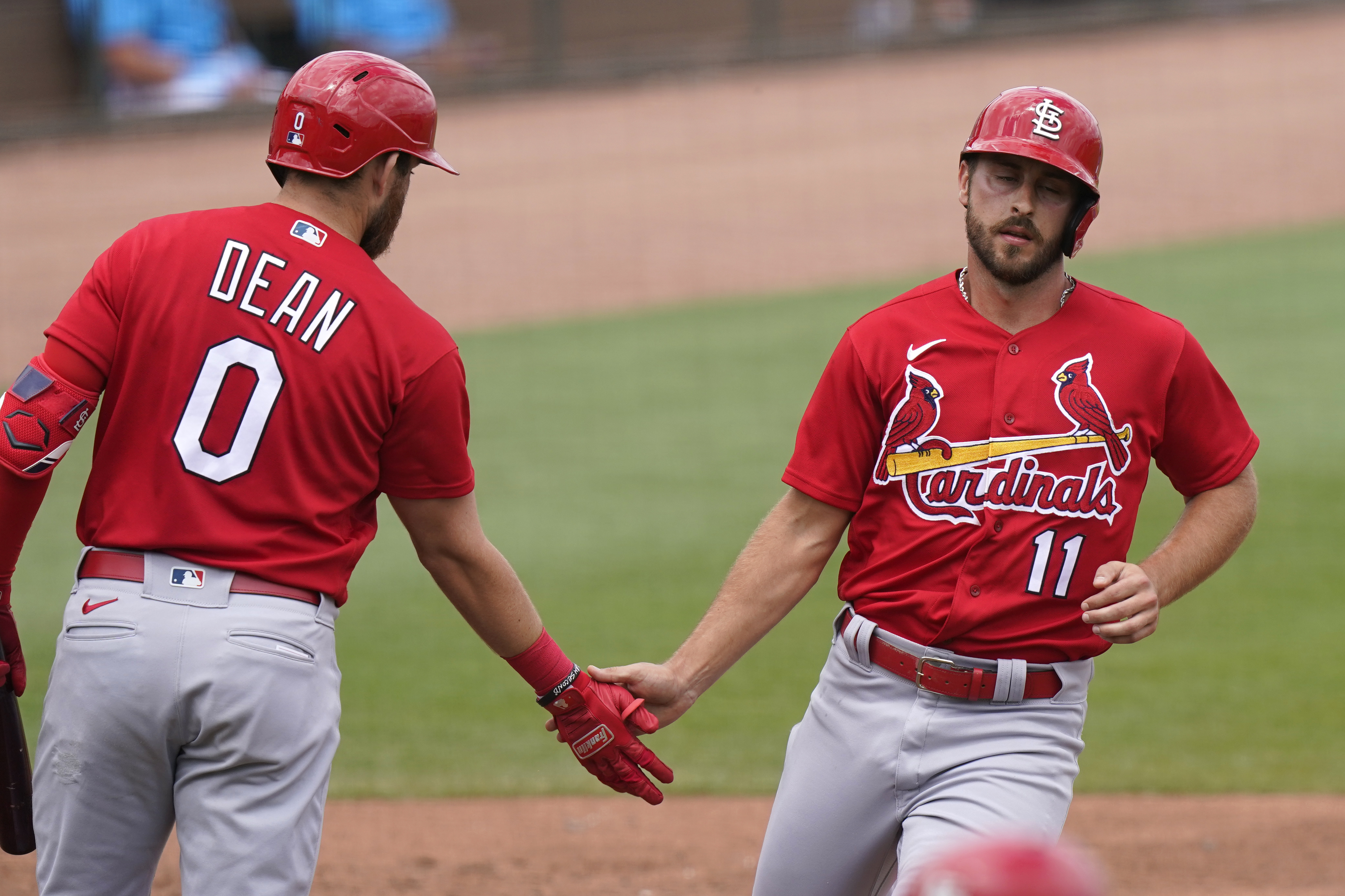 St Louis, USA. 30th April, 2022. St. Louis Cardinals first baseman Paul  Goldschmidt walks off the field with his Gold Glove Award presented to him  by Rawlings Sporting Goods at Busch Stadium