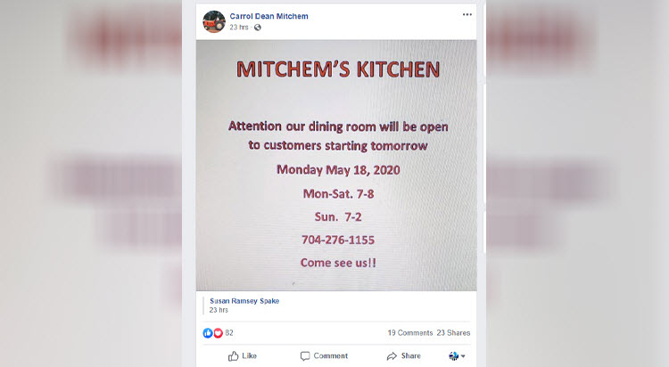 Lincoln Co Commission Chairman Cited For Opening Restaurant Dining Room Defying N C Orders
