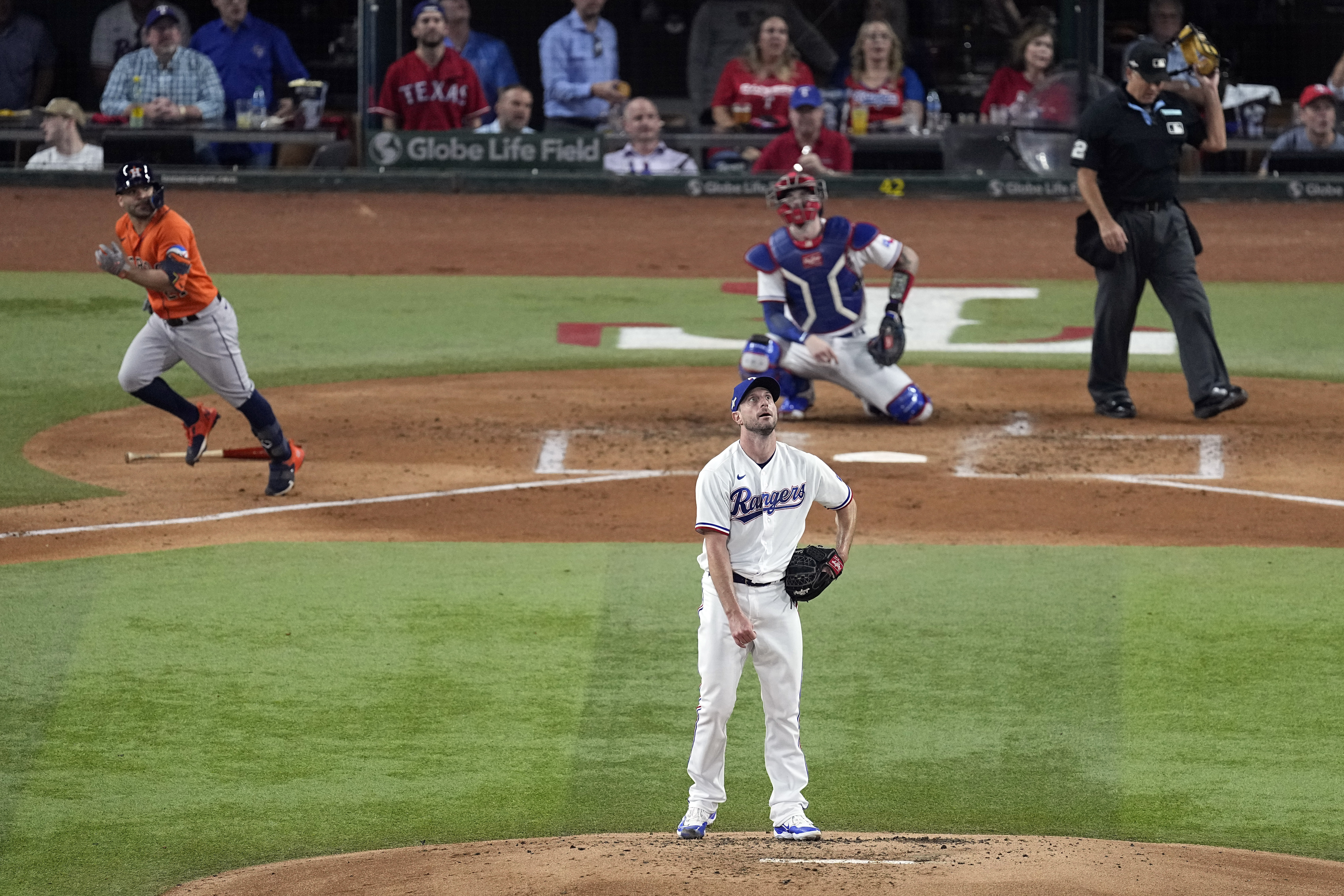 Scherzer roughed up by Astros in return from injury, leaving with Rangers  down 5 in loss