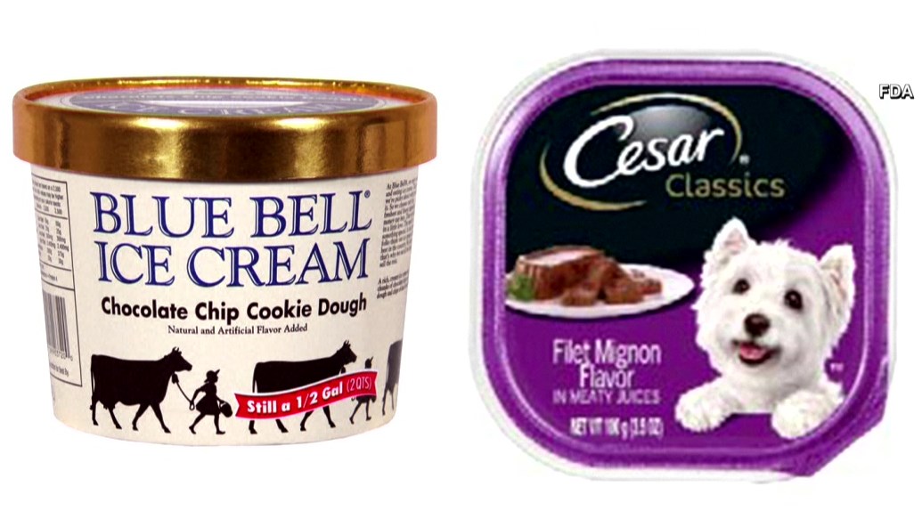 Blue Bell ice cream Cesar Classics dog food recalled