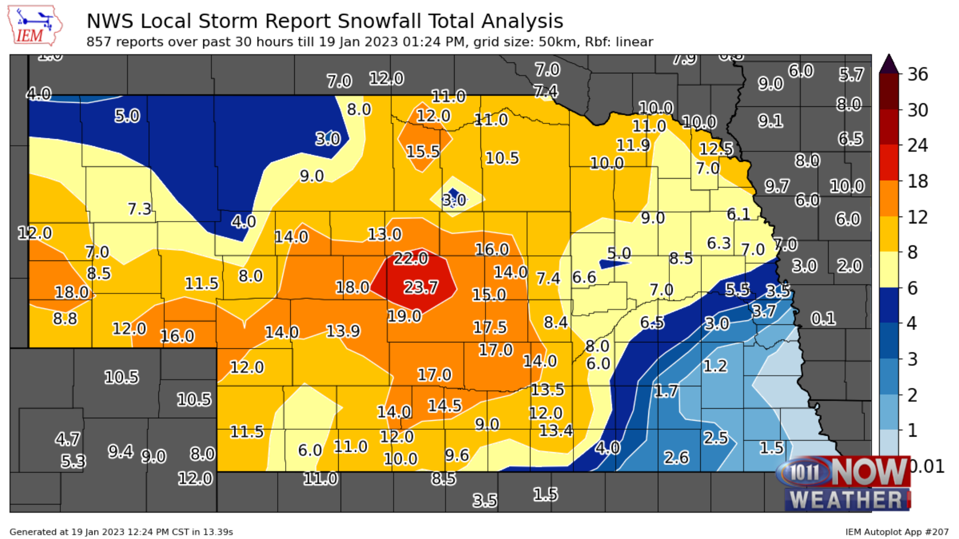 Snowfall reports from Tuesday through Thursday