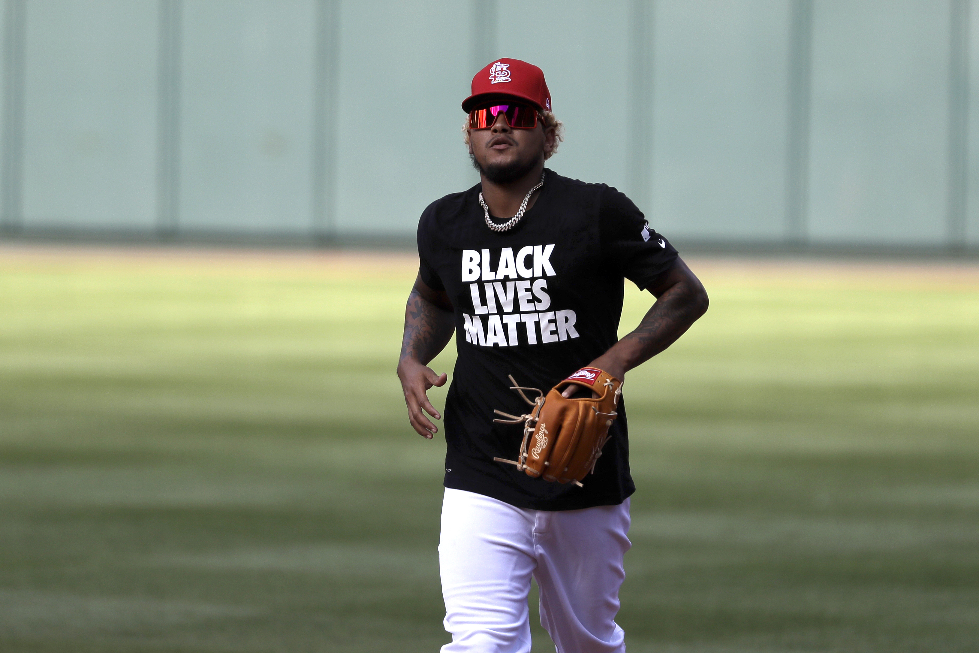 St. Louis Cardinals wear 'Black Lives Matter' shirts during Opening Day  warmups; no players kneel during National Anthem