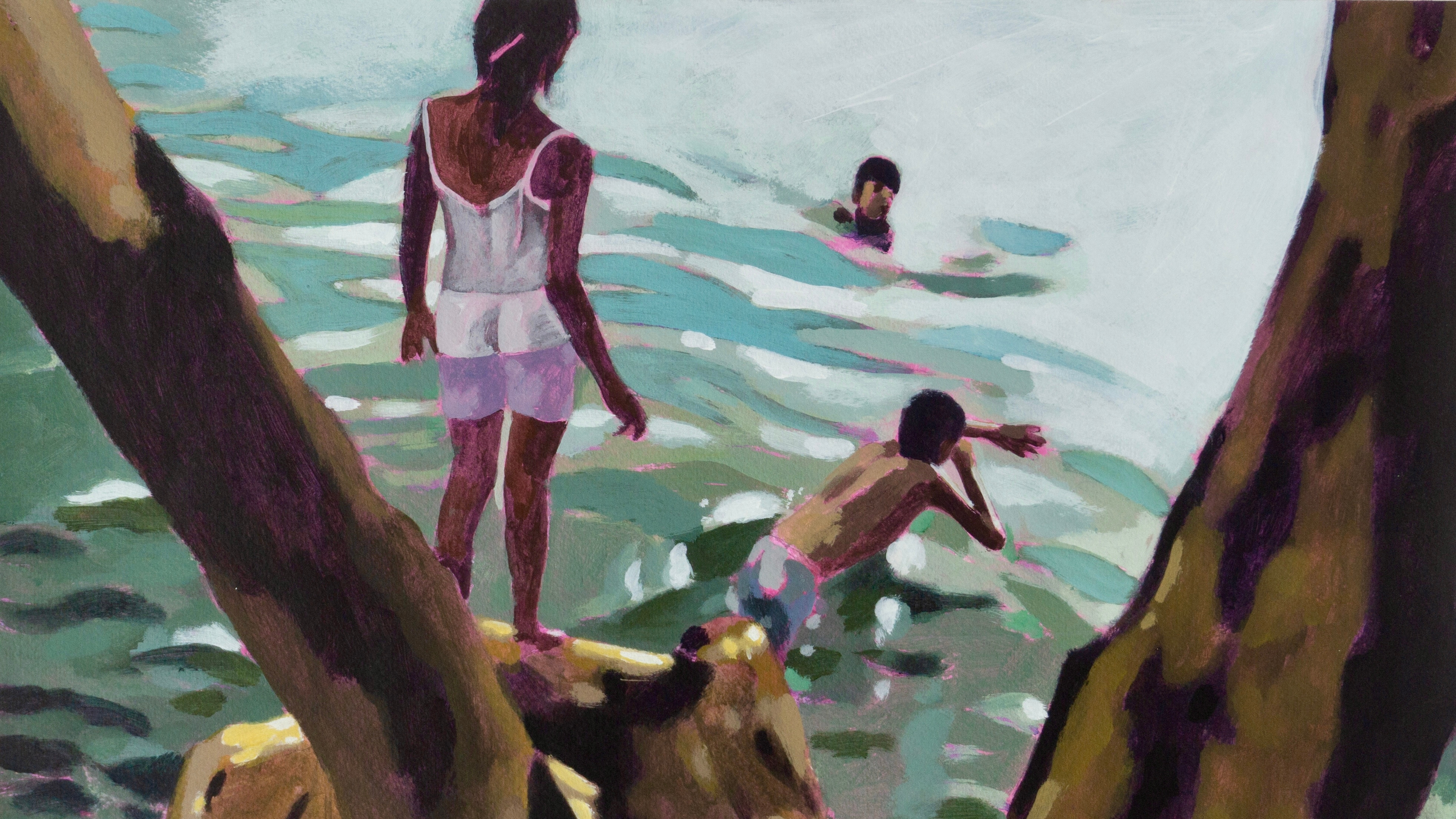 Acrílico de Moisés Barrios, hecho a partir de una fotografía tomada en una poza del Río Dulce de Guatemala. Una niña espera para saltar a la poza