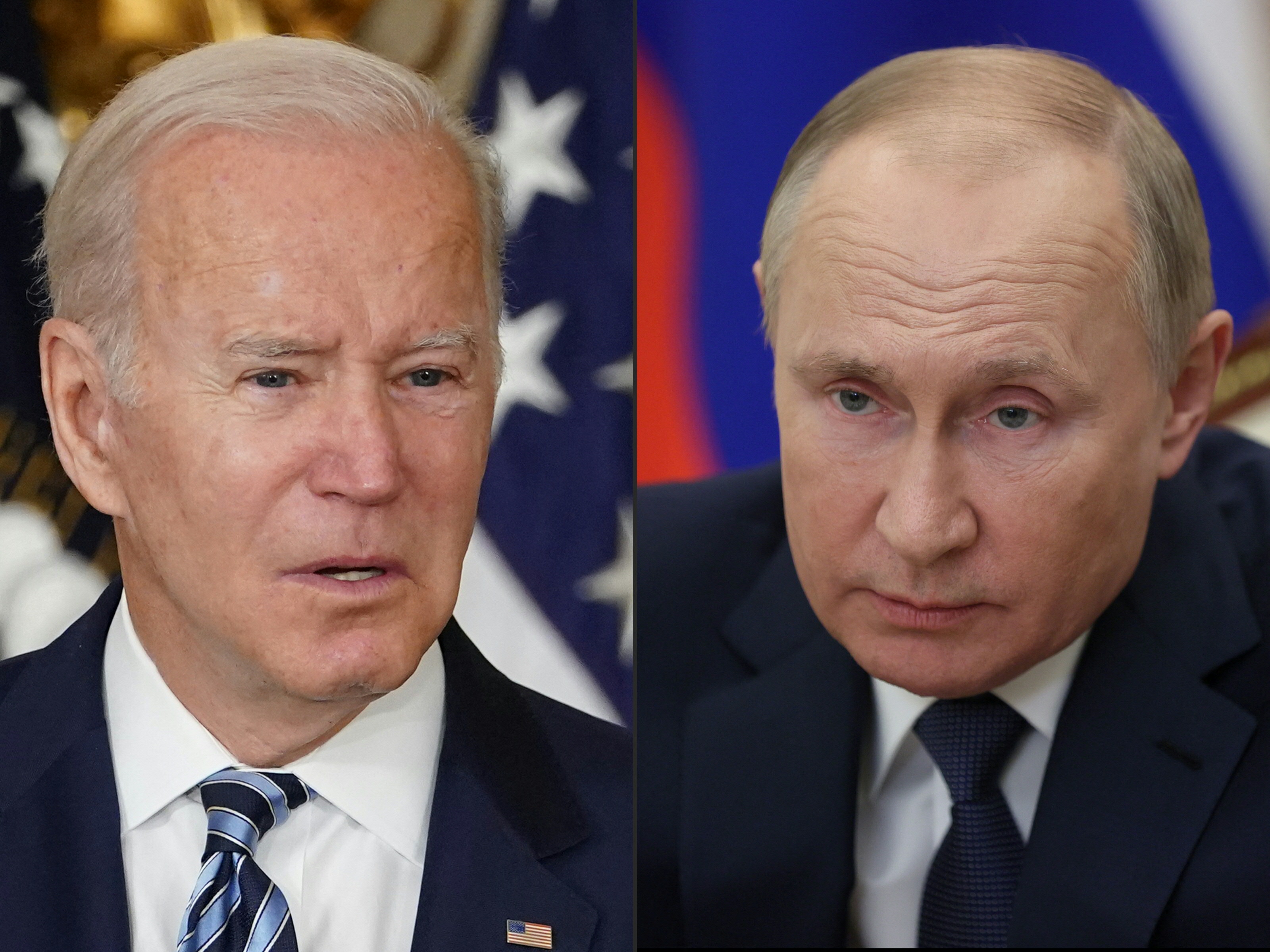 (COMBO) This combination of file pictures created on December 06, 2021 shows US President Joe Biden during a signing ceremony at the White House in Washington, DC on November 18, 2021; and Russian President Vladimir Putin in a congress of the United Russia party in Moscow, on December 4, 2021. - Ukraine has proposed three-way talks with US President Joe Biden and Russian President Vladimir Putin amid fears of invasion, an aide to Ukraine's Volodymyr Zelensky said on January 14, 2022. (Photo by MANDEL NGAN and Mikhail Metzel / various sources / AFP)