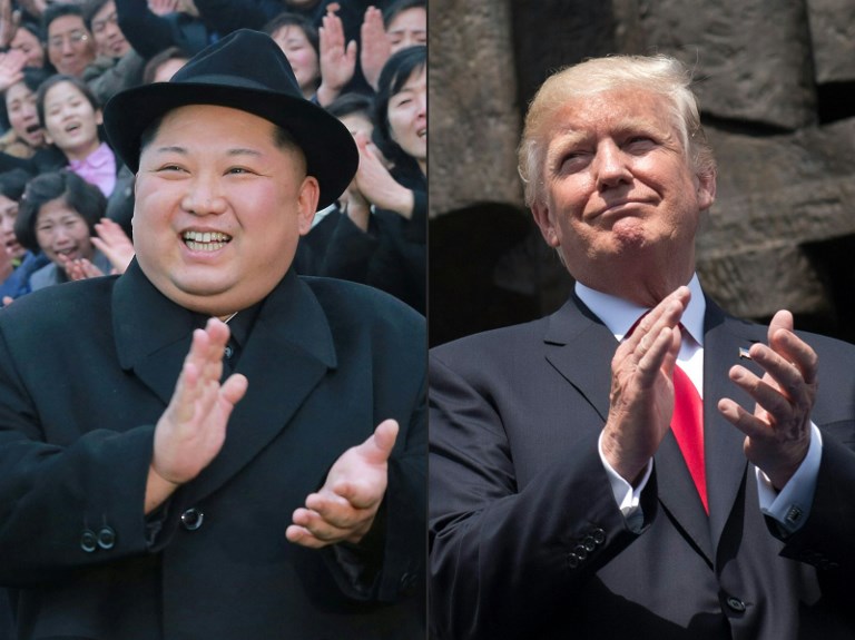 (FILES)(COMBO) This combination of pictures created on March 9, 2018 comprising of an undated picture released from North Korea's official Korean Central News Agency (KCNA) on January 17, 2018 showing North Korean leader Kim Jong-Un visiting the newly-renovated Pyongyang Teachers' University in Pyongyang and US President Donald Trump applauding as he stands in front of the Warsaw Uprising Monument on Krasinski Square during the Three Seas Initiative Summit in Warsaw, Poland, July 6, 2017.
US President Donald Trump on May 10, 2018 announced his historic summit with North Korean leader Kim Jong Un will take place in Singapore on June 12. "We will both try to make it a very special moment for World Peace!" Trump said in a tweeted announcement.The location was revealed hours after three American prisoners were released by North Korea and arrived back in the United States.
/ AFP PHOTO / KCNA VIA KNS AND AFP PHOTO / - AND SAUL LOEB / South Korea OUT / REPUBLIC OF KOREA OUT ---EDITORS NOTE--- RESTRICTED TO EDITORIAL USE - MANDATORY CREDIT "AFP PHOTO/KCNA VIA KNS" - NO MARKETING NO ADVERTISING CAMPAIGNS - DISTRIBUTED AS A SERVICE TO CLIENTS
THIS PICTURE WAS MADE AVAILABLE BY A THIRD PARTY. AFP CAN NOT INDEPENDENTLY VERIFY THE AUTHENTICITY, LOCATION, DATE AND CONTENT OF THIS IMAGE. THIS PHOTO IS DISTRIBUTED EXACTLY AS RECEIVED BY AFP. /