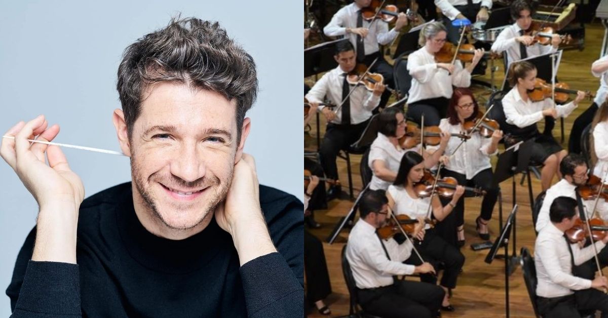 Izquierda: Primer plano de un hombre sonriente con una batuta en su mano derecha; Derecha: Orquesta Sinfónica Nacional
