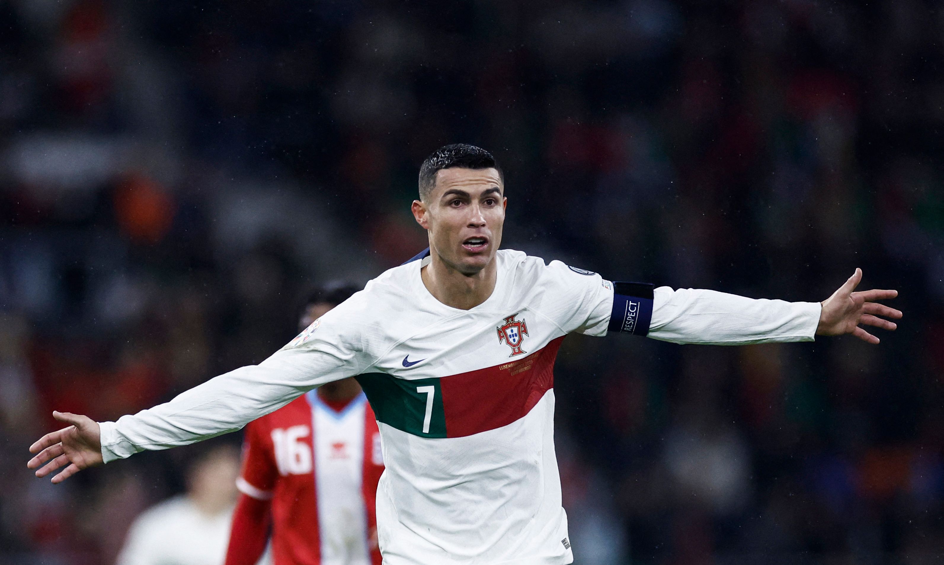 Portugal's forward Cristiano Ronaldo reacts during the UEFA Euro 2024 group J qualification football match between Luxembourg and Portugal at the Stade de Luxembourg, in Luxembourg, on March 26, 2023. (Photo by Kenzo TRIBOUILLARD / AFP)
