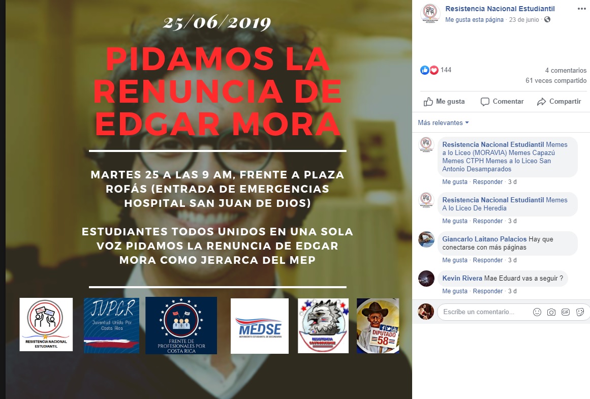 El perfil de Facebook Resistencia Nacional Estudiantil pide la renuncia del ministro de Educación Édgar Mora. Captura de pantalla.
